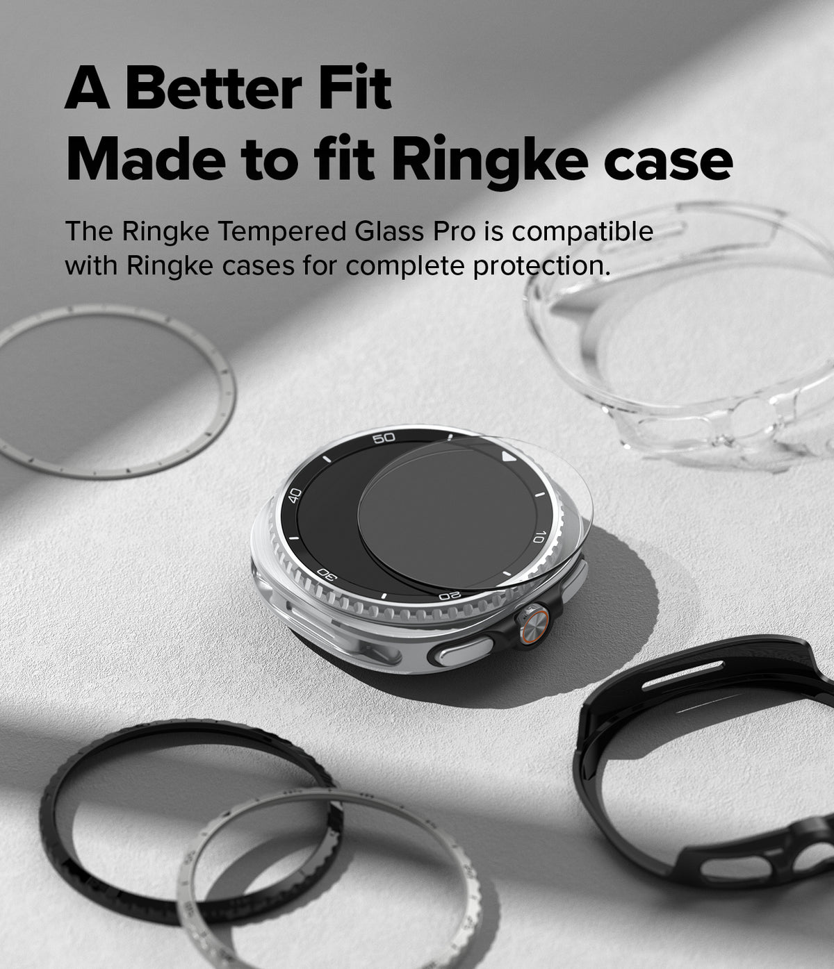 Galaxy Watch 8 Classic 46mm Screen Protector | Tempered Glass Pro - Watch with screen protector and various Ringke cases.
