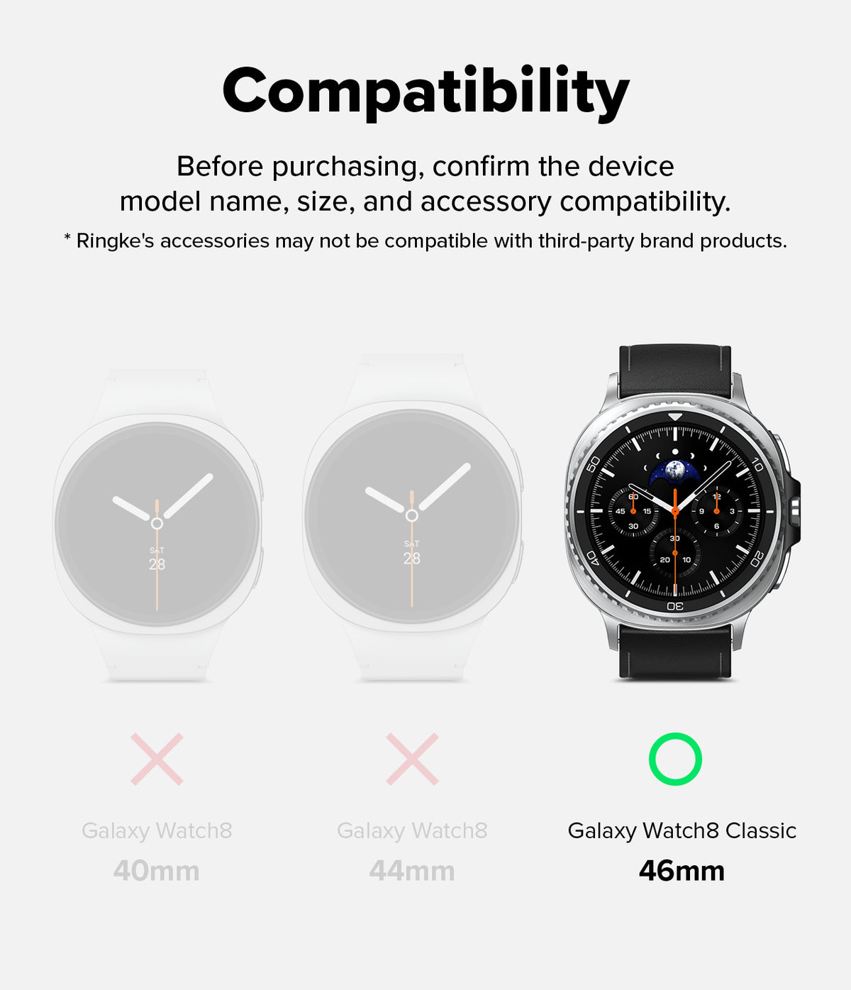 Galaxy Watch 8 Classic 46mm Screen Protector | Tempered Glass Pro - Compatibility chart showing 46mm model is compatible, others are not.