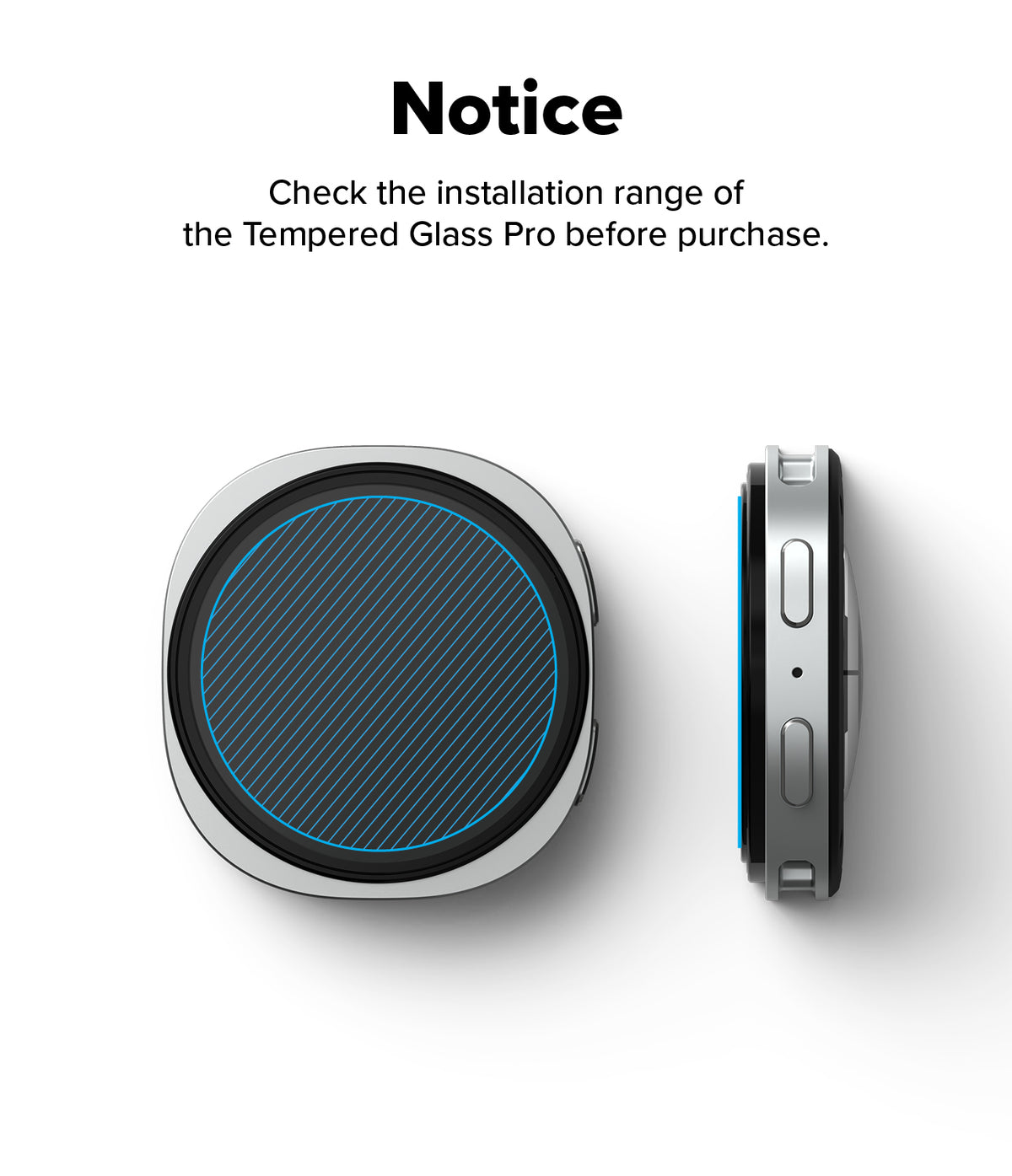 Galaxy Watch 8 Classic 46mm Screen Protector | Tempered Glass Pro - Top and side views of a smartwatch highlighting the glass installation area.