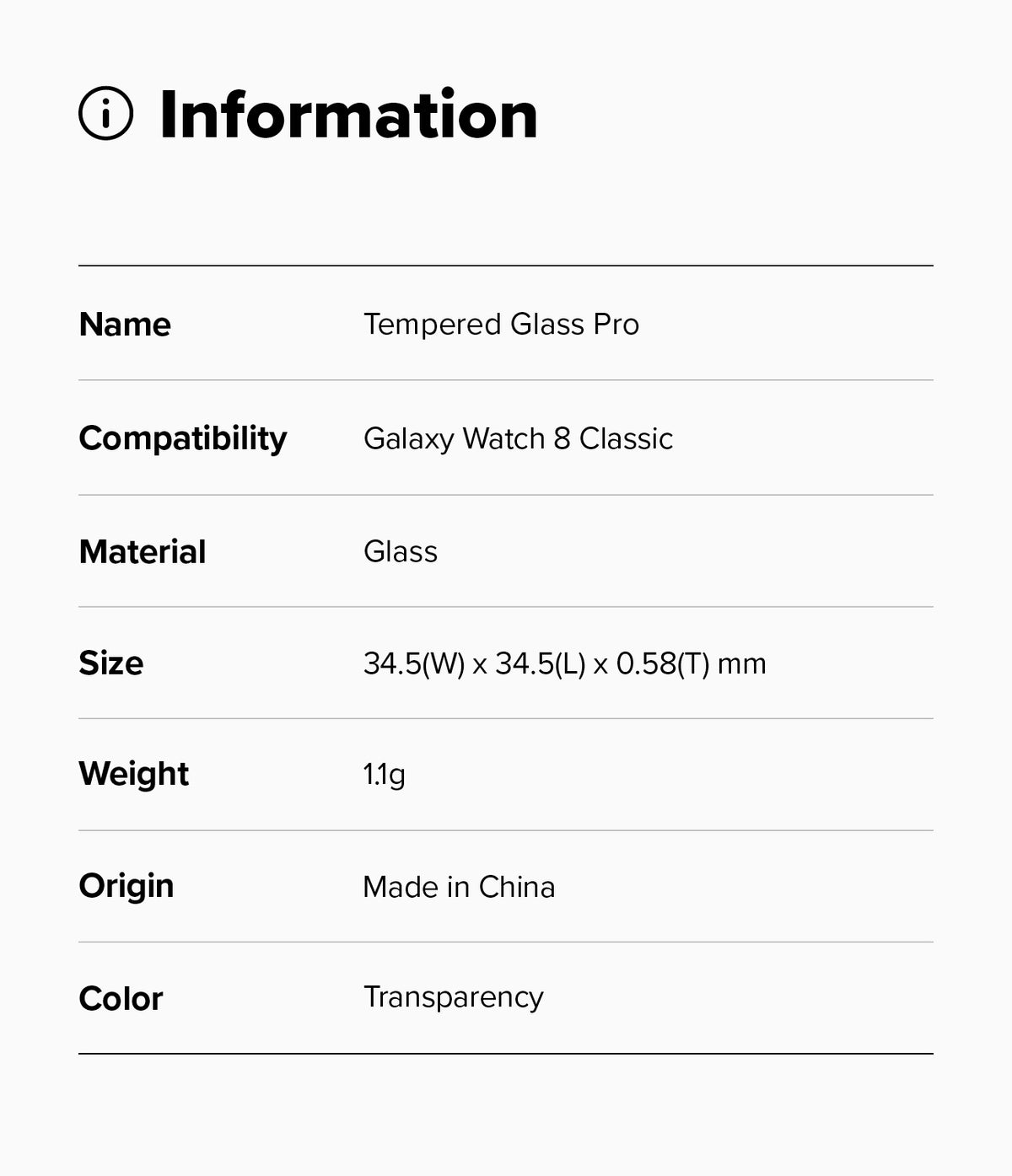 Galaxy Watch 8 Classic 46mm Screen Protector | Tempered Glass Pro - Information table listing product specs like material, size, and weight.