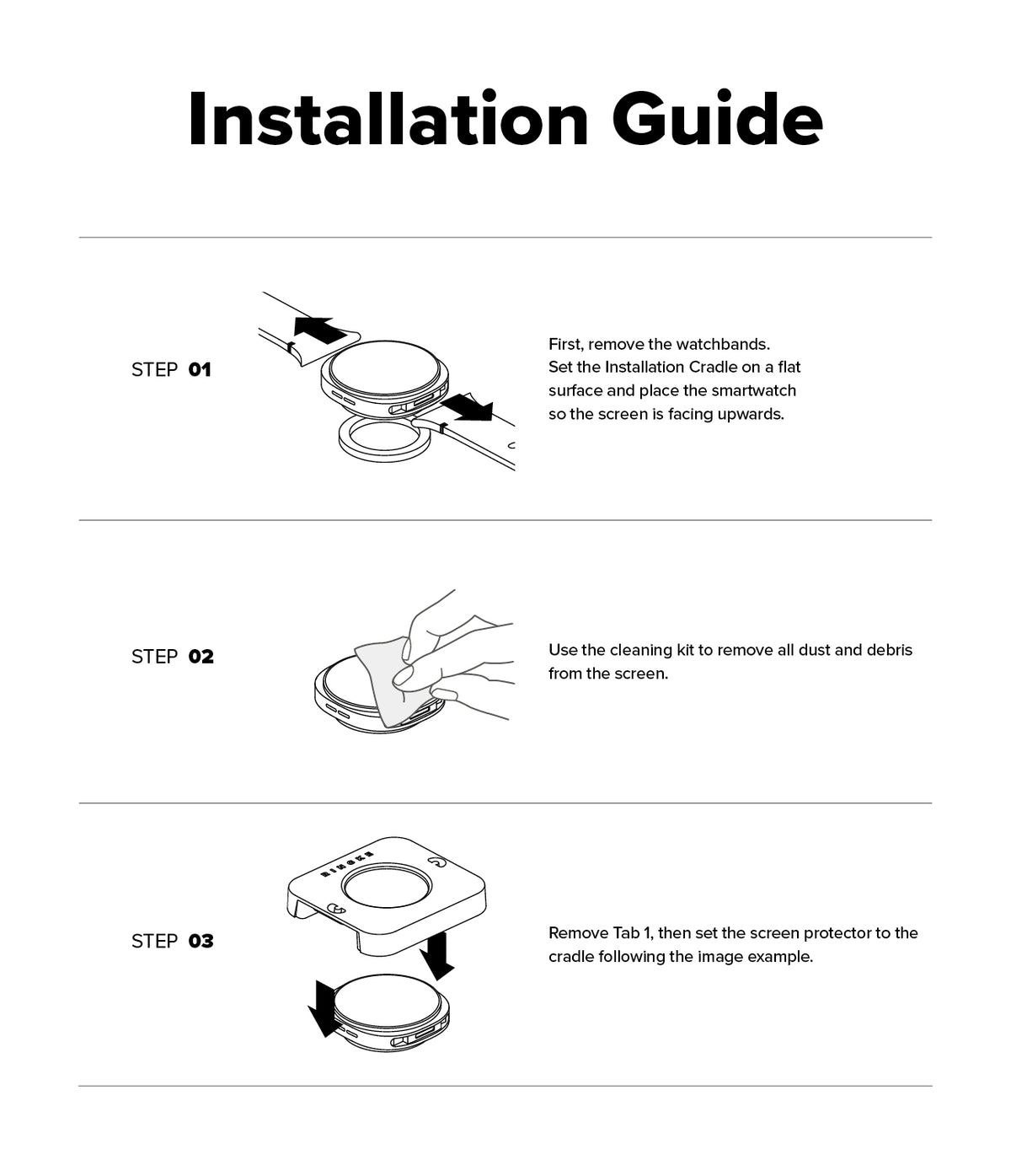 Galaxy Watch 8 Classic 46mm Screen Protector | Tempered Glass Pro - Three-step illustrated guide for installing a watch screen protector using a cradle.