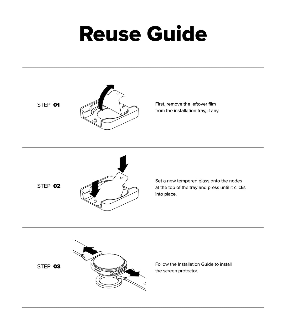 Galaxy Watch 8 Classic 46mm Screen Protector | Tempered Glass Pro - Three-step instructional diagram for reusing the tray.