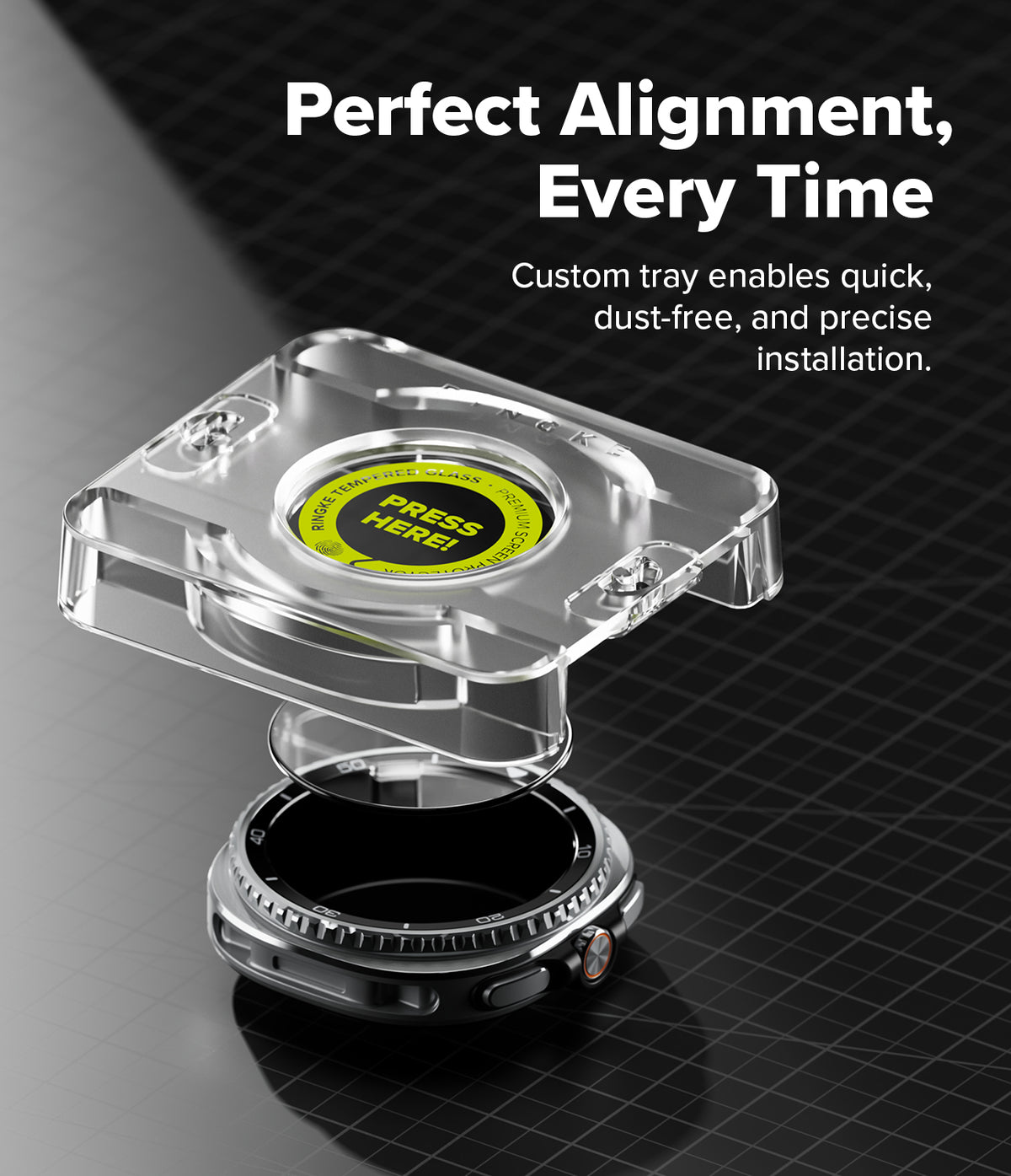 Galaxy Watch 8 Classic 46mm Screen Protector | Tempered Glass Pro - Clear installation tray hovering above a smartwatch with a glass protector.