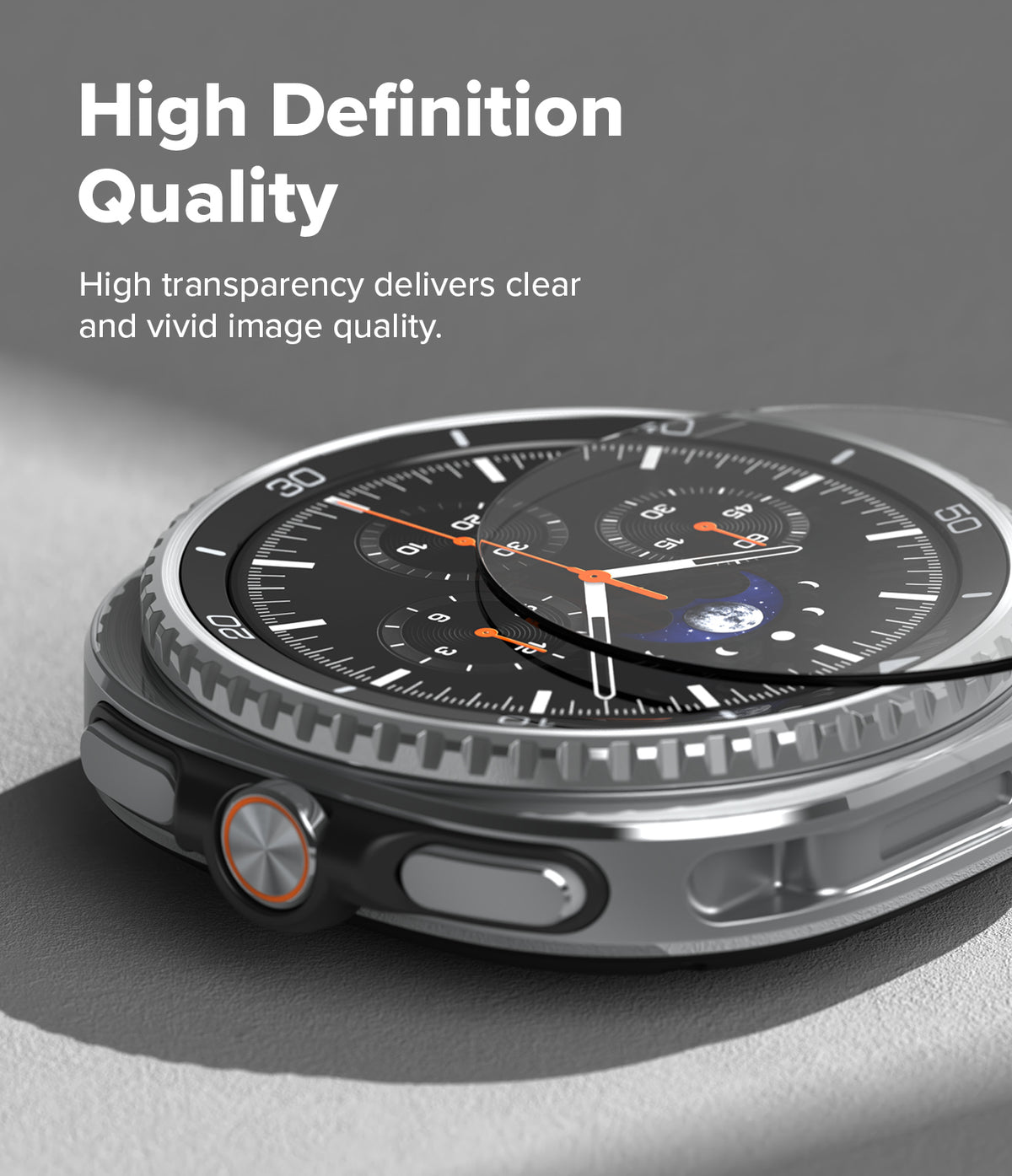 Galaxy Watch 8 Classic 46mm Screen Protector | Tempered Glass Pro - Tempered glass being applied to a silver smartwatch with a moon phase dial.