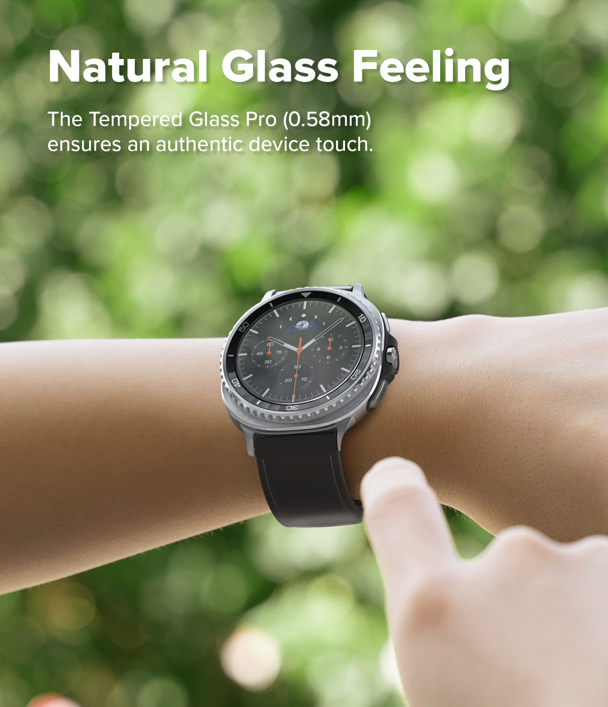 Galaxy Watch 8 Classic 46mm Screen Protector | Tempered Glass Pro - A finger touches the screen of a Galaxy Watch 8 Classic against a green background.