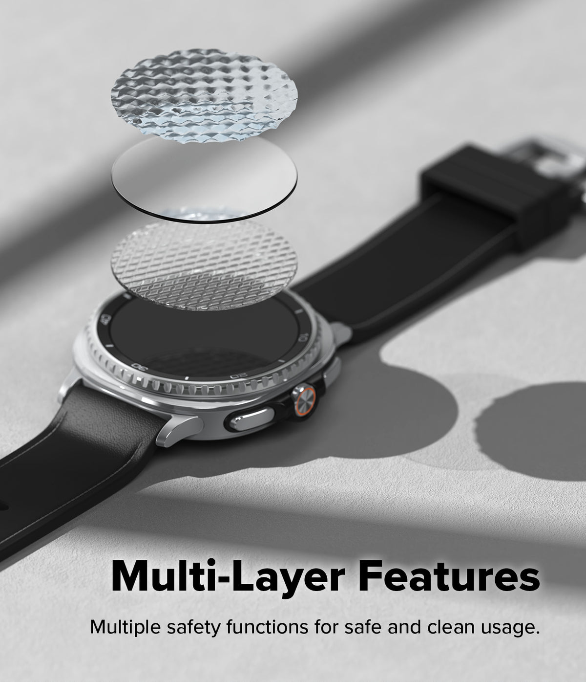 Galaxy Watch 8 Classic 46mm Screen Protector | Tempered Glass Pro - Exploded view of tempered glass layers hovering above a smartwatch.
