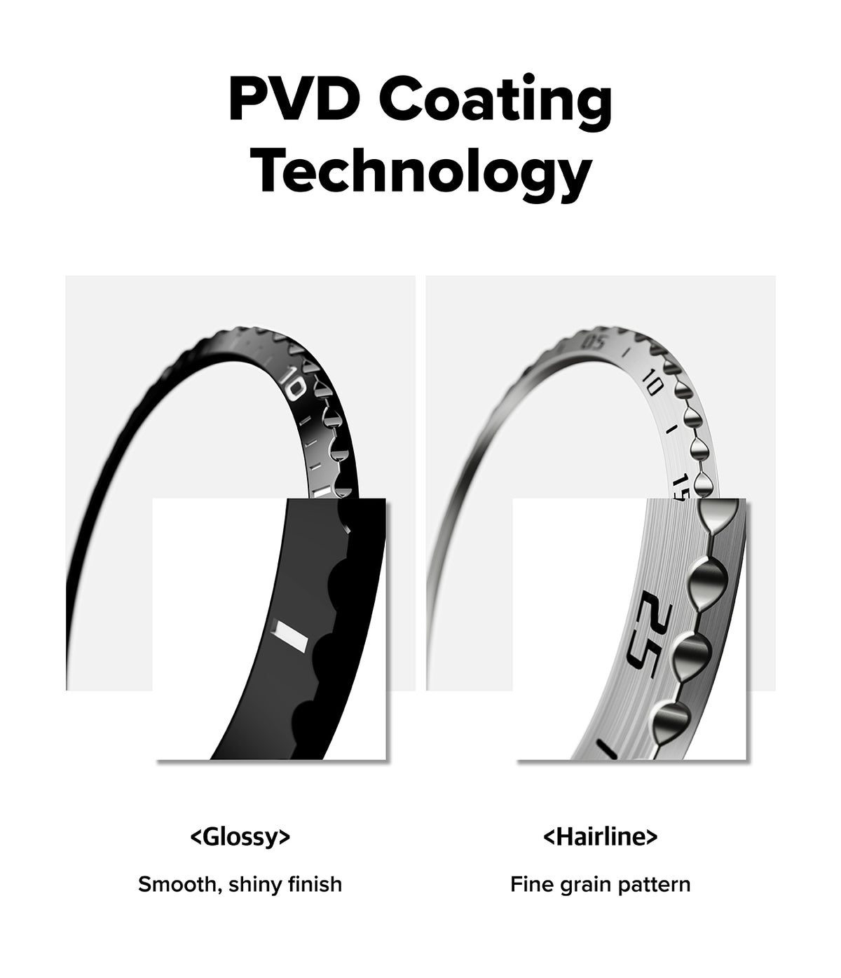 Galaxy Watch 9 / 8 40mm | Bezel Styling - A product comparison graphic titled 'PVD Coating Technology' showing two views of a metallic ring band: a glossy black finish on the left and a silver hairline finish on the right, with descriptive text below each finish.