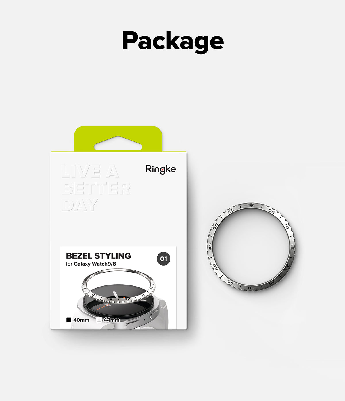 Galaxy Watch 9 / 8 40mm | Bezel Styling - Ringke Bezel Styling for Galaxy Watch 9/8 shown next to its white retail packaging with a lime green tab, on a light gray background with the word 'Package' above.