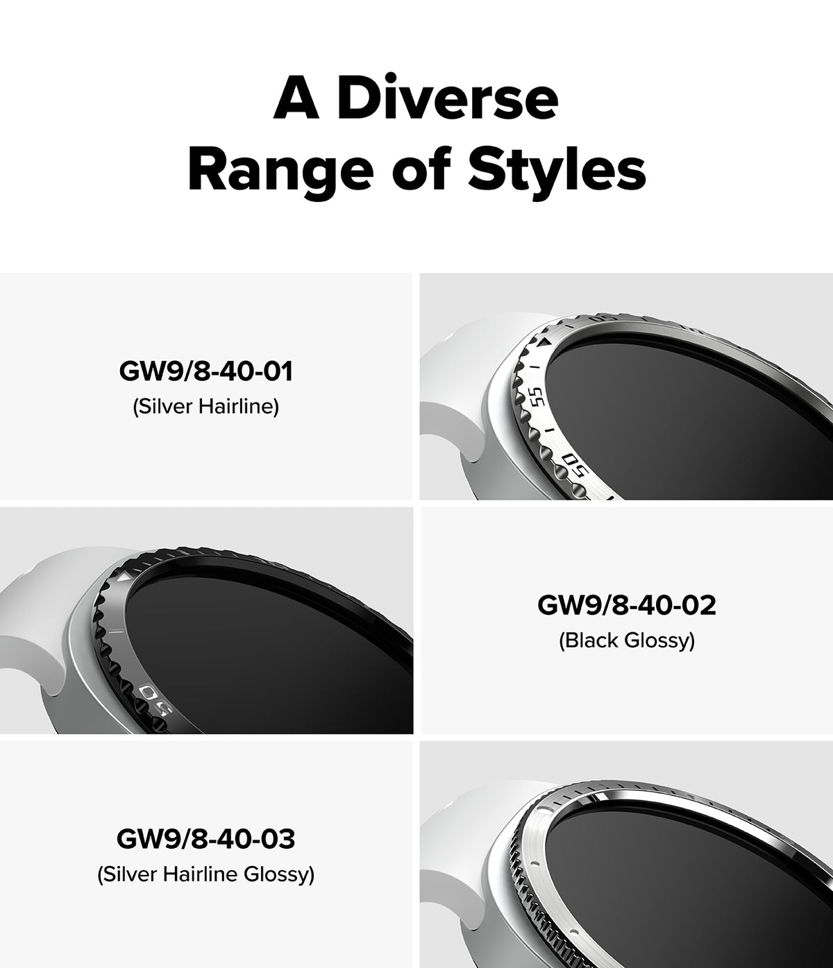 Galaxy Watch 9 / 8 40mm | Bezel Styling - A product options chart titled 'A Diverse Range of Styles' showing four watch face/band style options labeled GW9/8-40-01 through GW9/8-40-03, with close-up views of silver and black watch components on a white background.