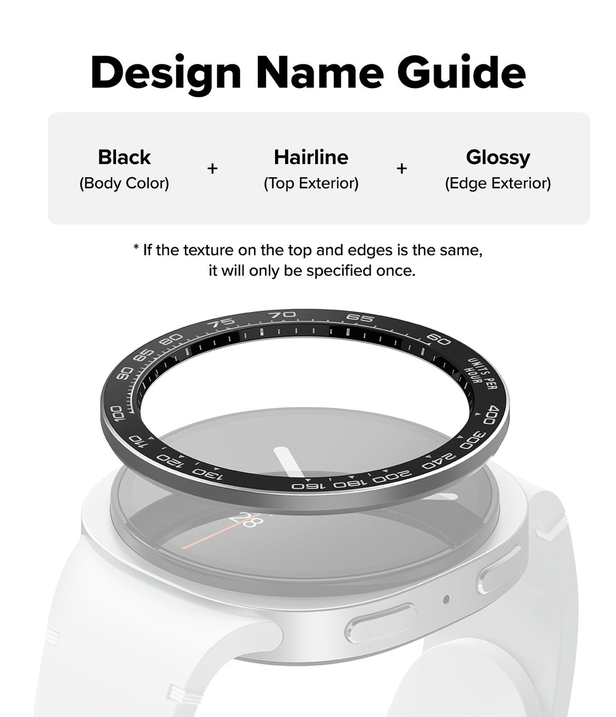Galaxy Watch 9 / 8 40mm | Bezel Styling Premium - Design name guide diagram showing a smartwatch band or ring-style accessory labeled as Black (body color) + Hairline (top exterior) + Glossy (edge exterior), with a watch face illustration below on a white background.