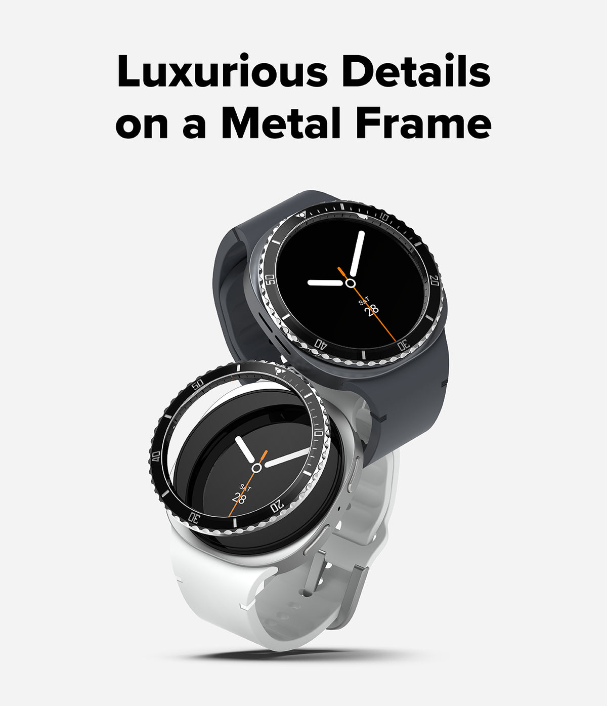 Galaxy Watch 9 / 8 40mm | Bezel Styling Premium - Two smartwatches with round black analog-style faces and metal bezels, one in dark gray and one in white, shown on a light gray background with the text 'Luxurious Details on a Metal Frame' above them.