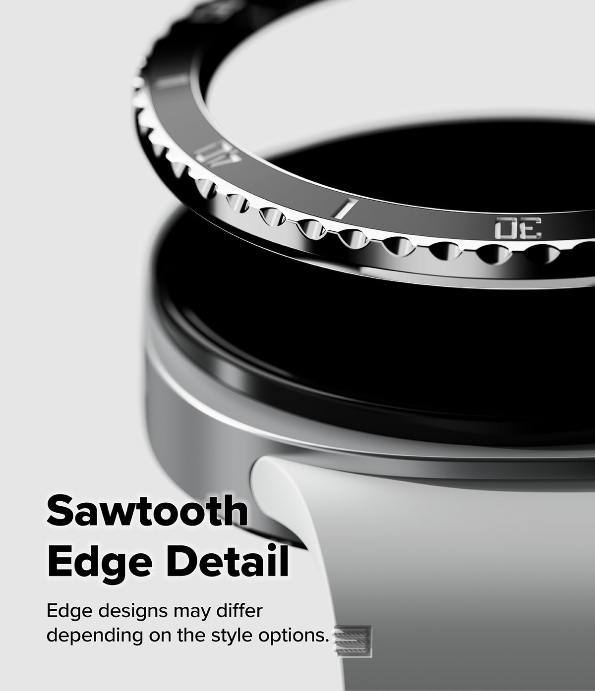 Galaxy Watch 9 / 8 40mm | Bezel Styling Premium - Close-up of a metallic watch band or ring component with a serrated tooth-like edge, shown on a light gray background with the text 'Sawtooth Edge Detail' and smaller explanatory copy.
