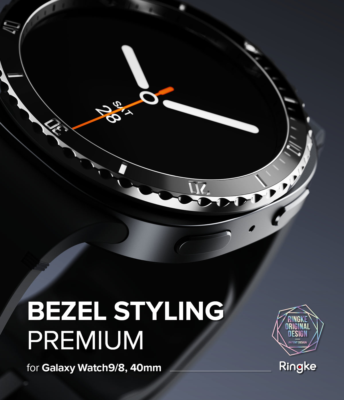 Galaxy Watch 9 / 8 40mm | Bezel Styling Premium - Close-up promotional render of a black Samsung Galaxy Watch 9/8 with a textured bezel, overlaid with the text 'BEZEL STYLING PREMIUM for Galaxy Watch 9, 40mm' and a Ringke logo.