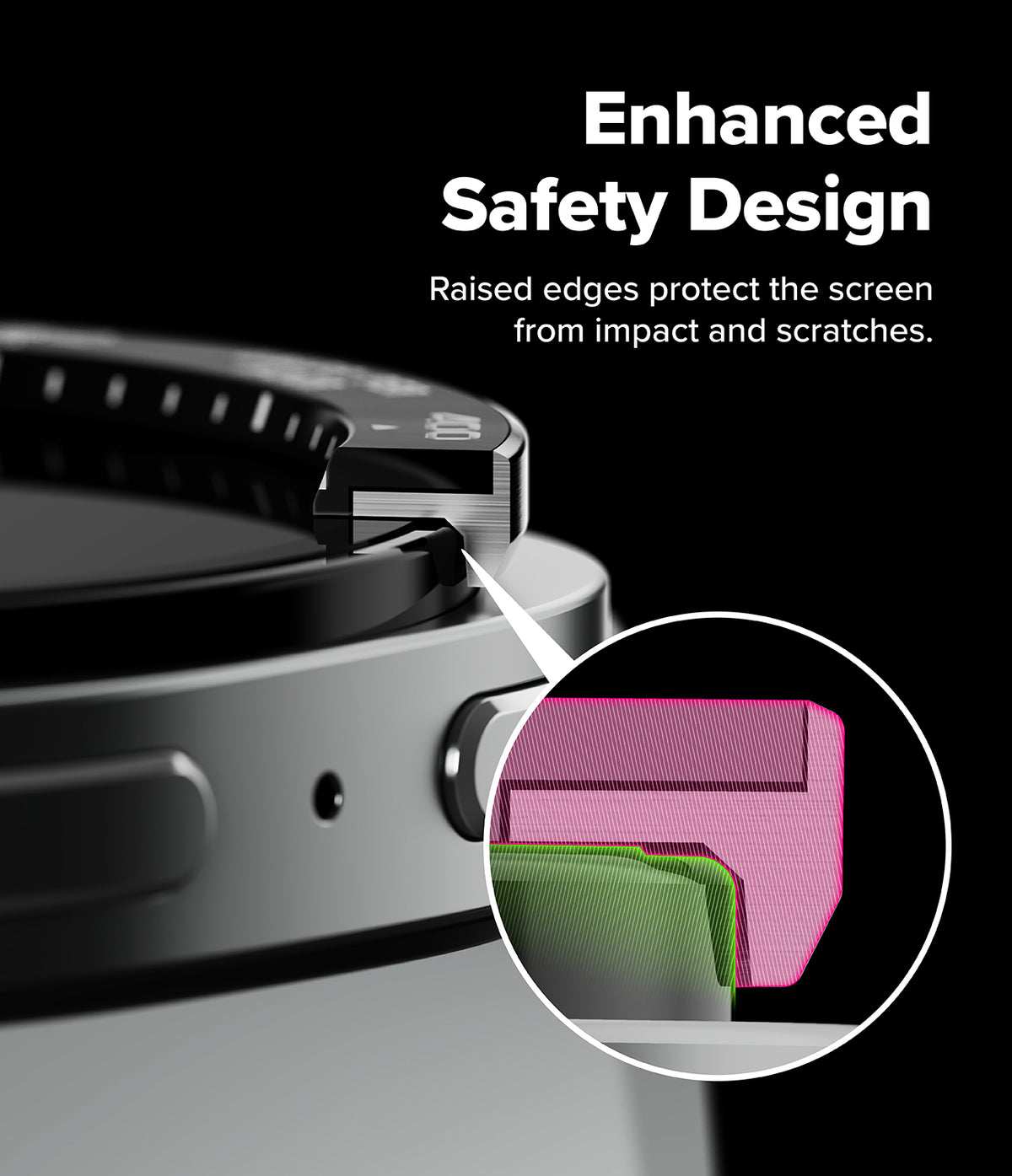 Galaxy Watch 9 / 8 40mm | Bezel Styling Premium - Close-up of a smartwatch with raised screen-edge protection, shown on a black background with white text reading 'Enhanced Safety Design' and a circular inset highlighting the pink and green screen layers.