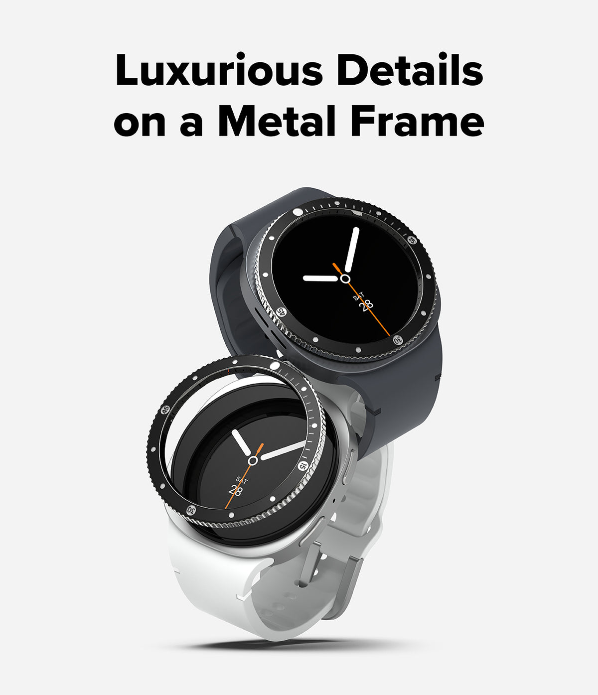 Galaxy Watch 9 / 8 40mm | Bezel Styling Premium - Two smartwatches with round black faces and metallic bezels, one in dark gray and one in silver, shown on a light gray background with the text 'Luxurious Details on a Metal Frame' above them.