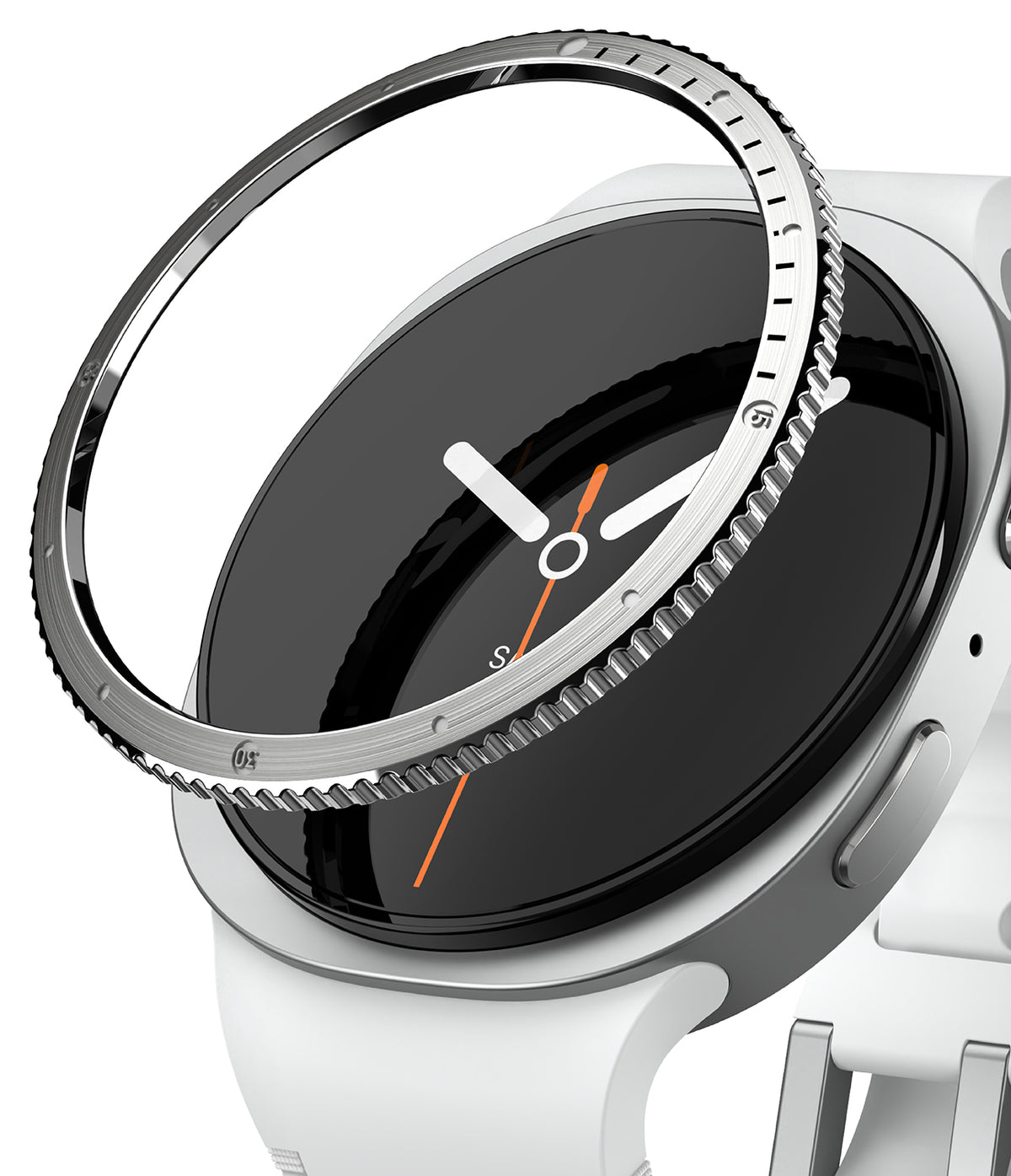 Galaxy Watch 9 / 8 40mm | Bezel Styling - A close-up of a smartwatch with a white band and silver case, featuring a clear protective bezel cover with a textured silver outer rim.