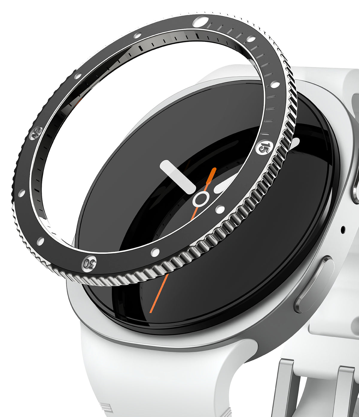 Galaxy Watch 9 / 8 40mm | Bezel Styling Premium - A close-up of a smartwatch with a white silicone strap and a silver-toned bezel, shown against a clean white background.