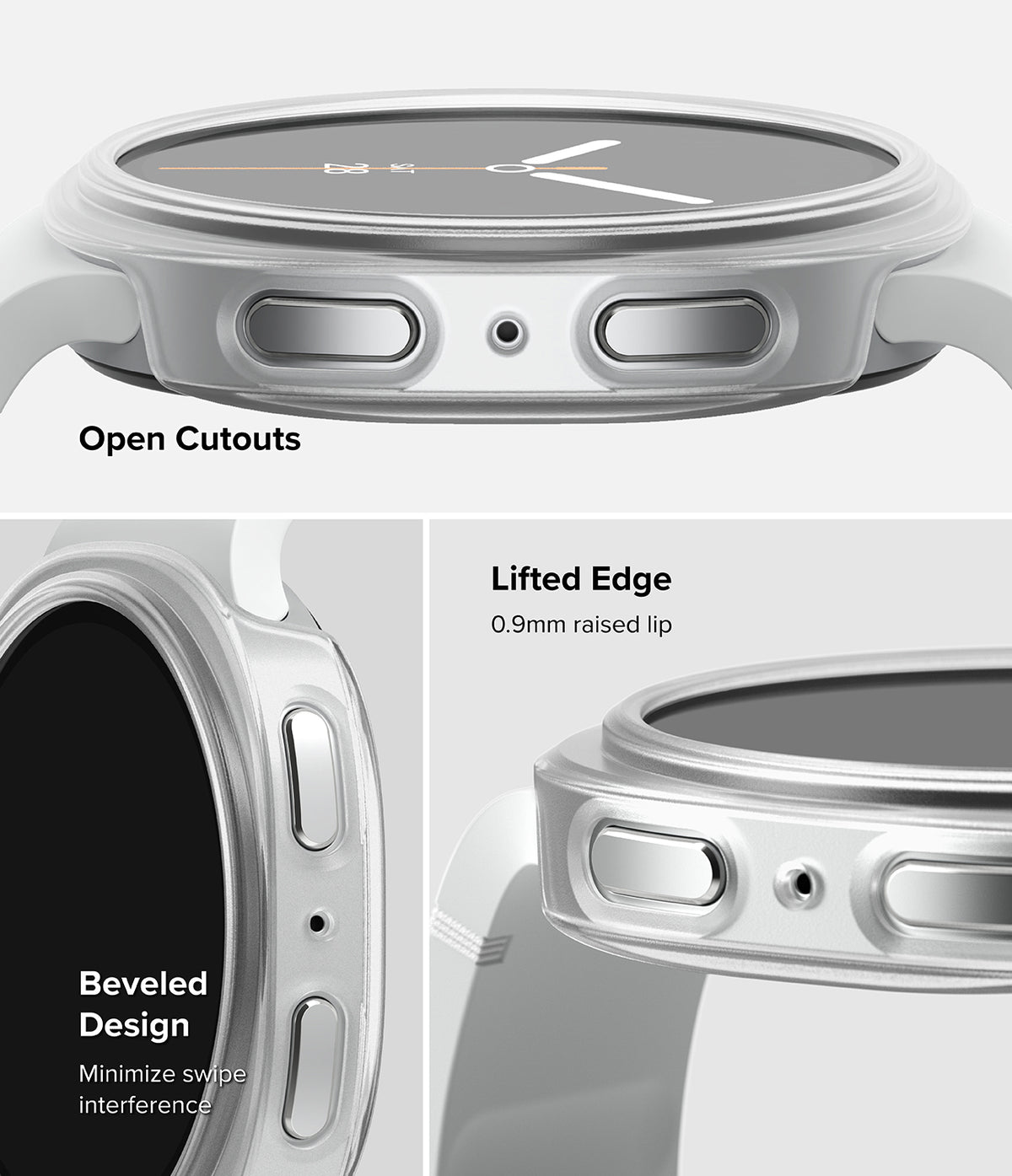 Galaxy Watch 8 40mm Case | Slim - A close-up product diagram of a smartwatch case showing three design features: 'Open Cutouts' for the display, 'Lifted Edge' with 0.9mm raised lip, and 'Beveled Design' to minimize swipe interference.