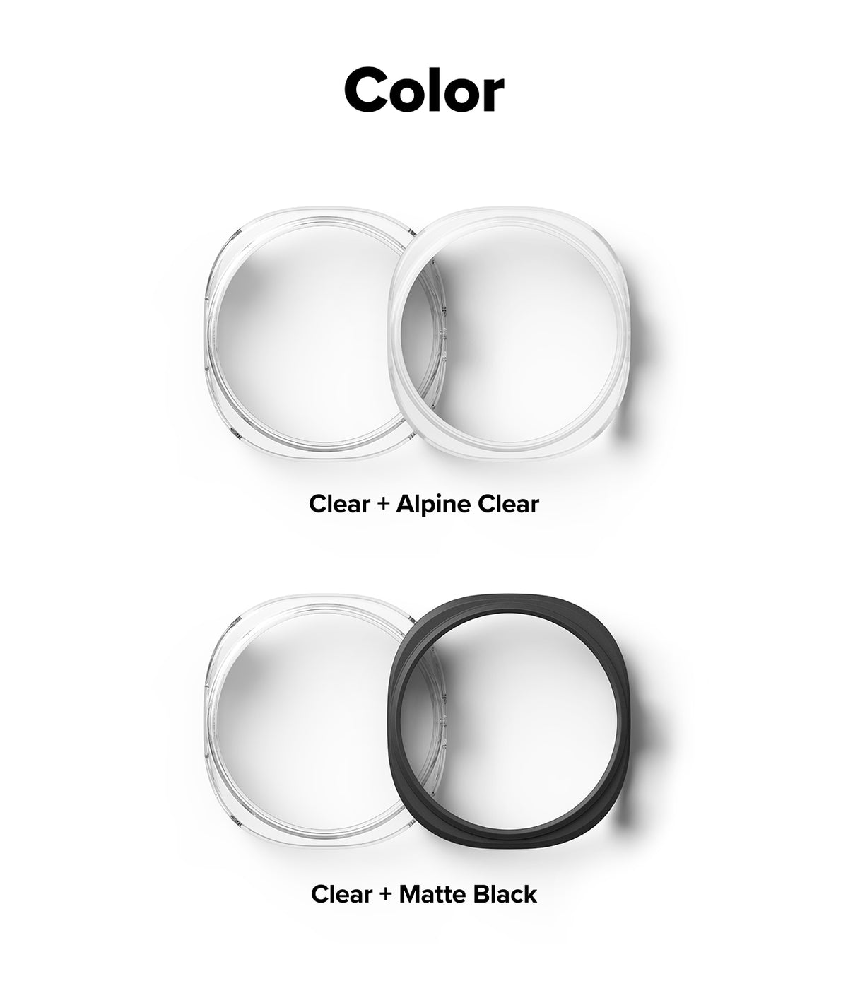 Galaxy Watch 8 40mm Case | Slim - Color options graphic showing two pairs of round contact lenses: the top pair labeled 'Clear + Alpine Clear' and the bottom pair labeled 'Clear + Matte Black'. The top pair is clear, and the bottom pair includes one clear lens and one matte black lens.