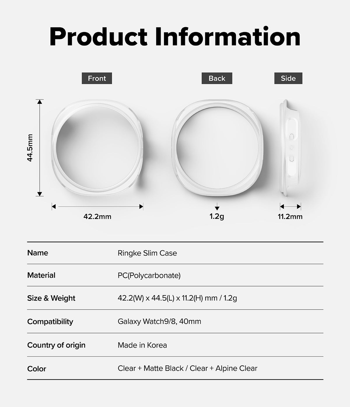 Galaxy Watch 8 40mm Case | Slim - Product information diagram showing front, back, and side views of a Ringke Slim Case with dimensions, weight, and compatibility details on a light gray background.
