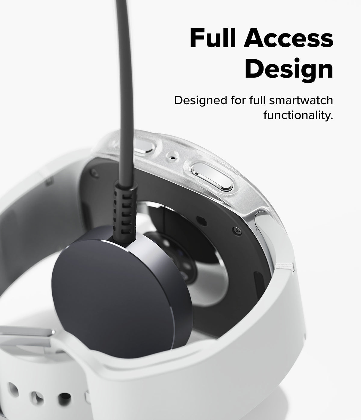 Galaxy Watch 8 40mm Case | Slim - Close-up of a smartwatch with a black circular magnetic band or accessory attached, shown on a clean white background with text reading 'Full Access Design' and 'Designed for full smartwatch functionality.'.