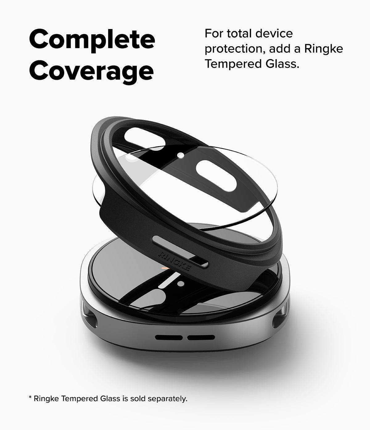 Galaxy Watch 8 40mm Case | Slim - A clear Ringke tempered glass screen protector is shown floating above a black and silver smartwatch case on a white background, with text stating 'Complete Coverage' and noting the glass is sold separately.