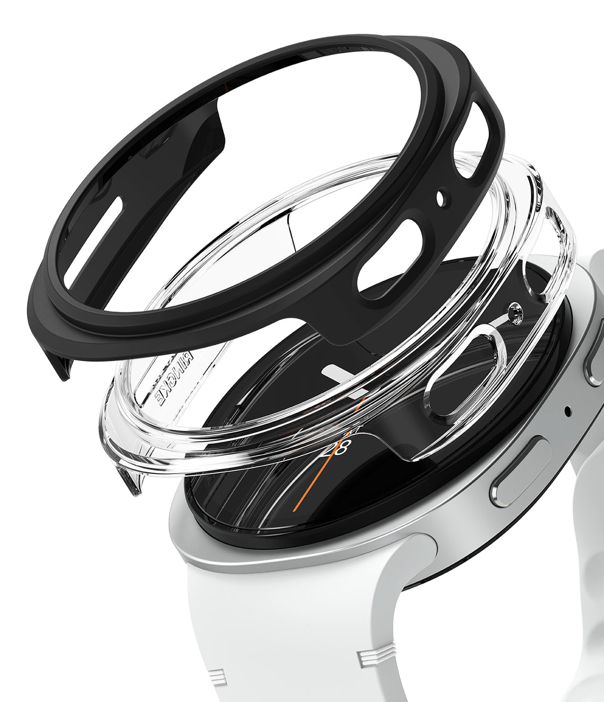 Galaxy Watch 8 40mm Case | Slim - Exploded view of a black protective watch case hovering over a Galaxy Watch 8.