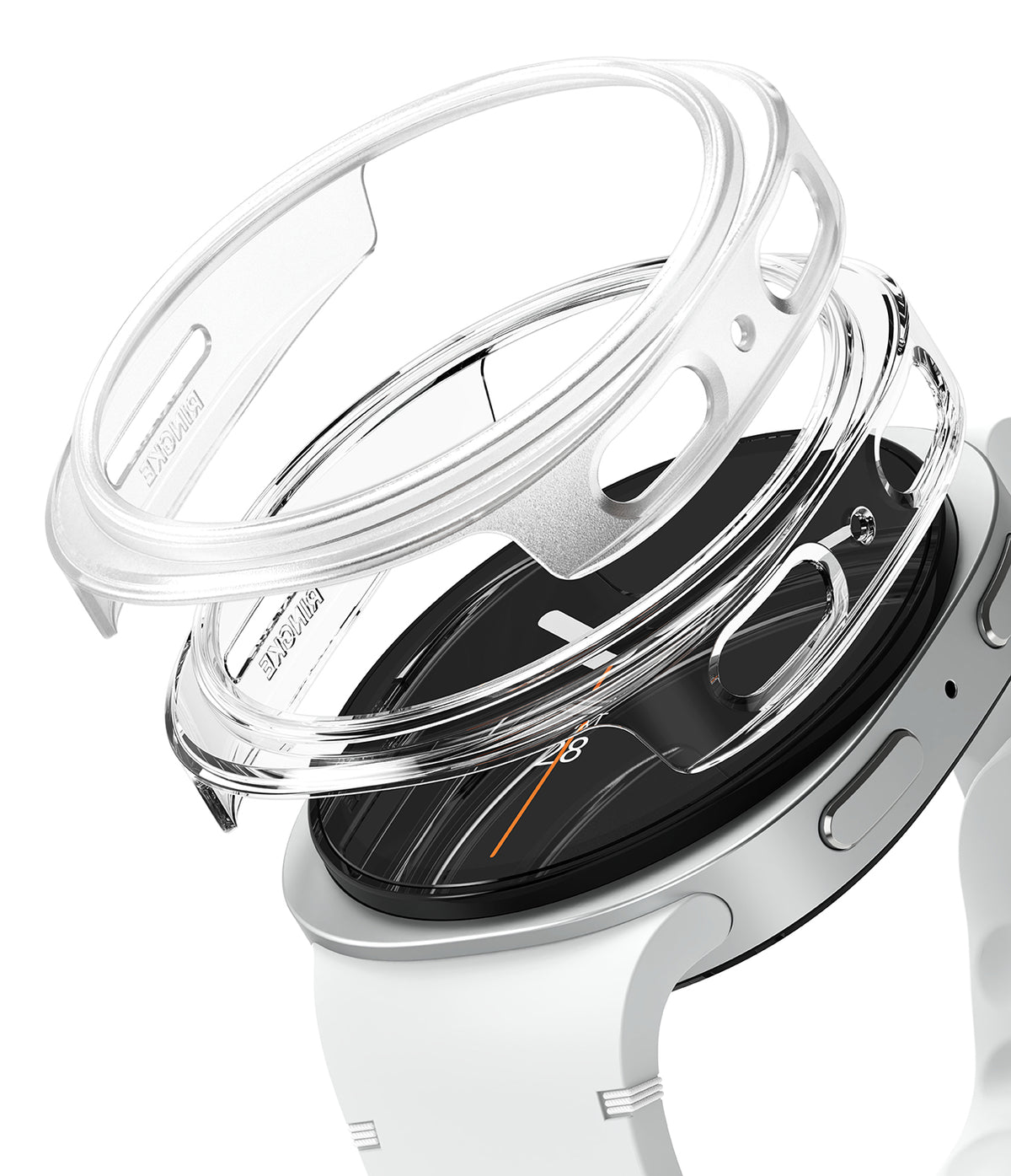 Galaxy Watch 8 40mm Case | Slim - Transparent protective case hovering above a white Galaxy Watch 8 40mm.