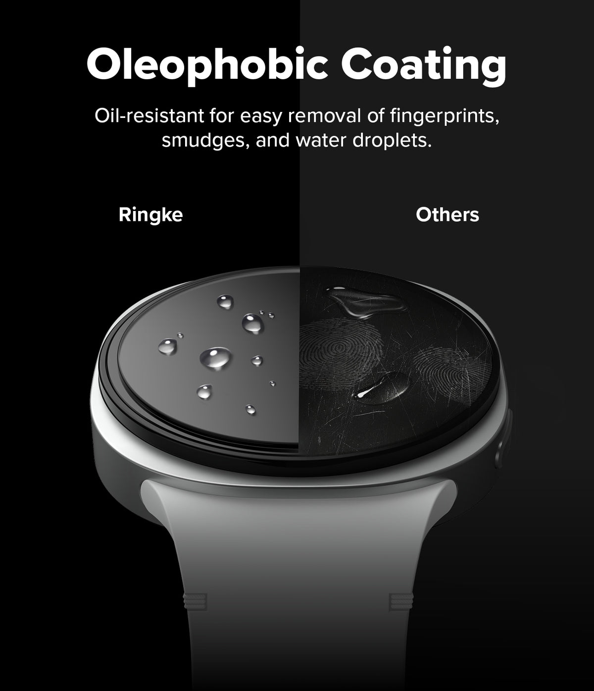 Galaxy Watch 9 / 8 40mm Screen Protector | Tempered Glass Pro - Comparison showing Ringke's clean, water-beaded surface versus a smudged screen.