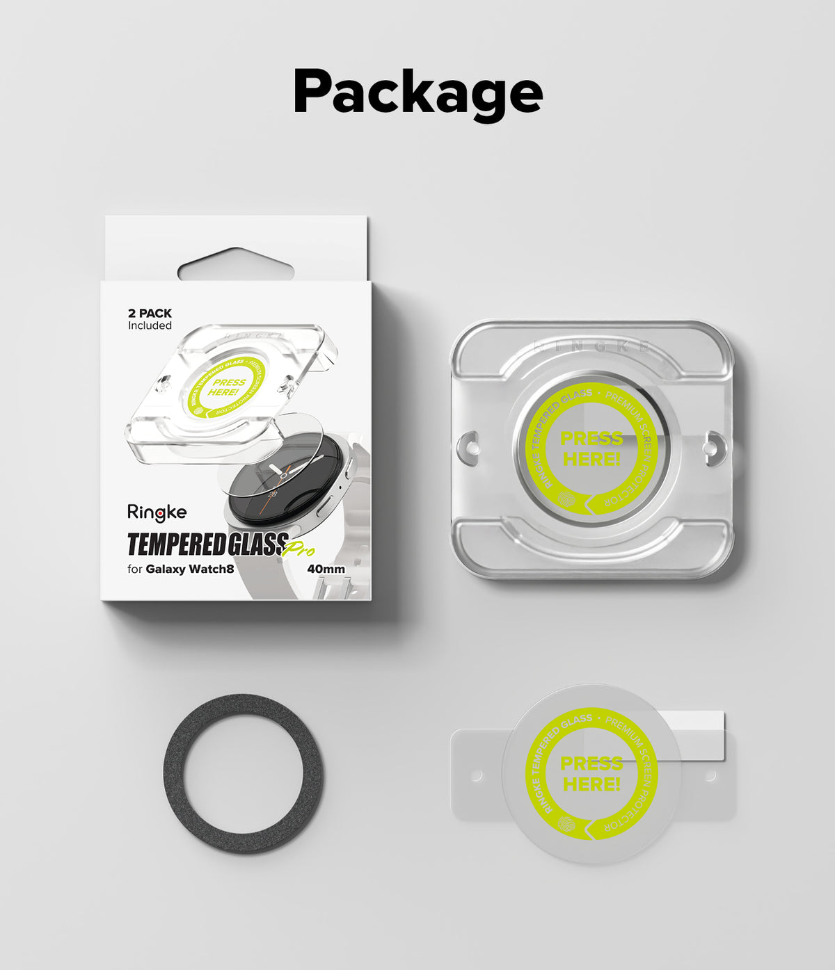 Galaxy Watch 9 / 8 40mm Screen Protector | Tempered Glass Pro - Packaging box, installation tool, and glass screen protector.