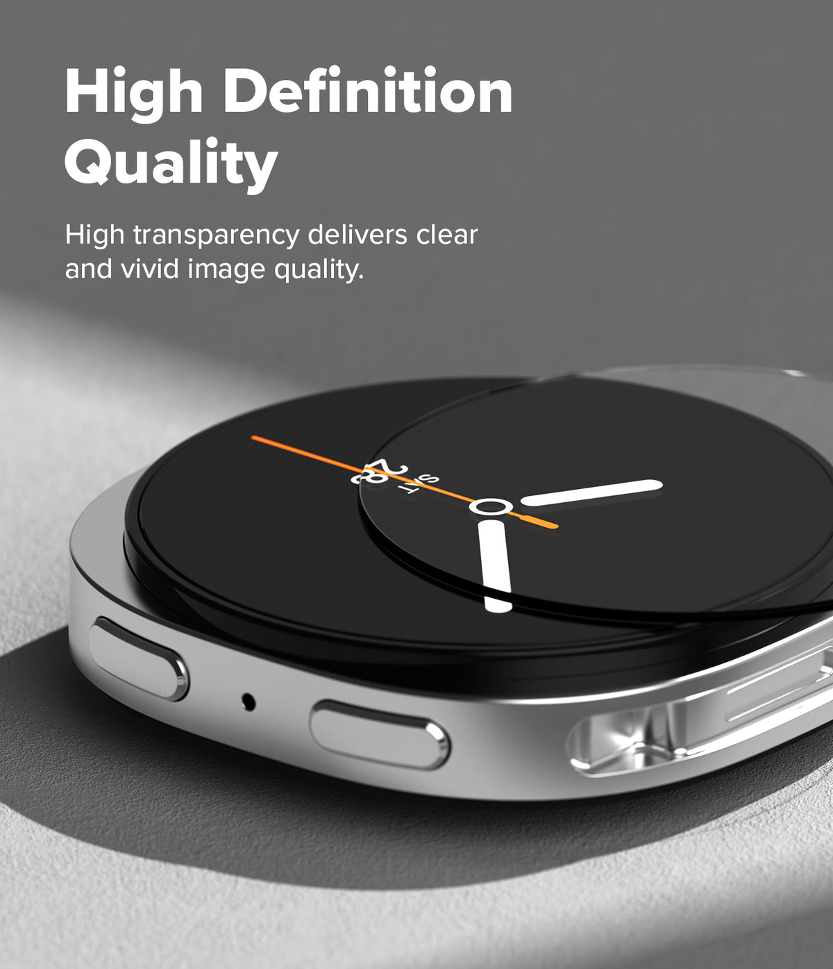 Galaxy Watch 9 / 8 40mm Screen Protector | Tempered Glass Pro - Tempered glass being applied to a silver smartwatch face with high-definition text.