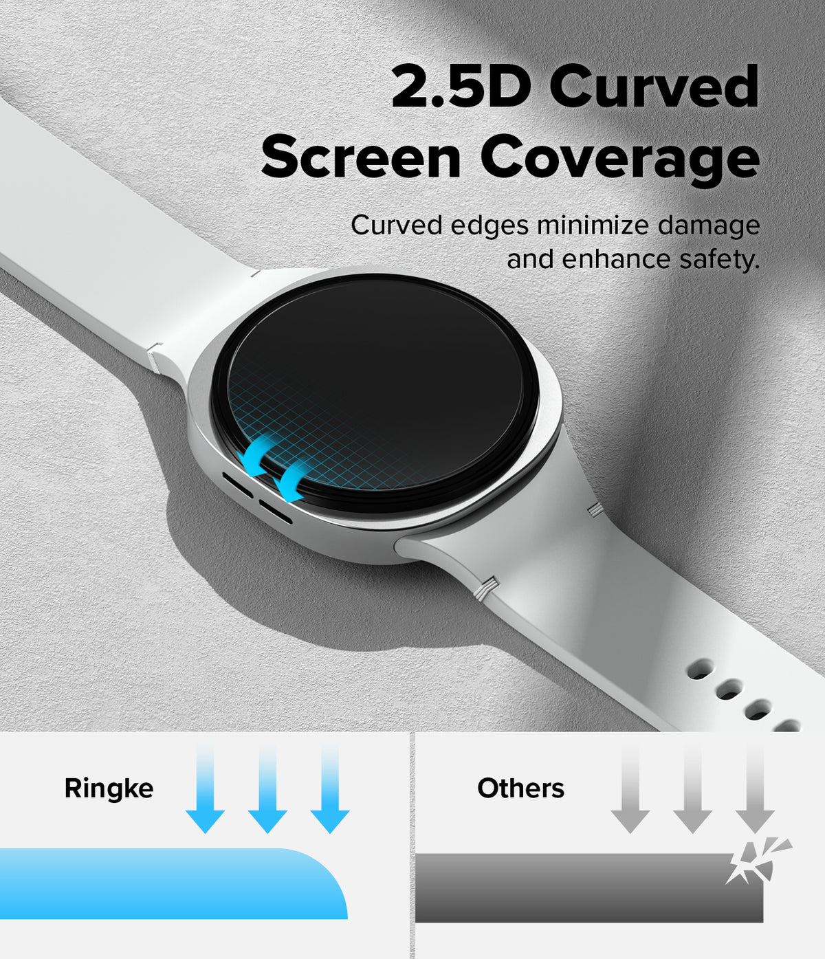 Galaxy Watch 9 / 8 40mm Screen Protector | Tempered Glass Pro - Smartwatch with 2.5D curved glass showing edge protection vs standard flat glass.