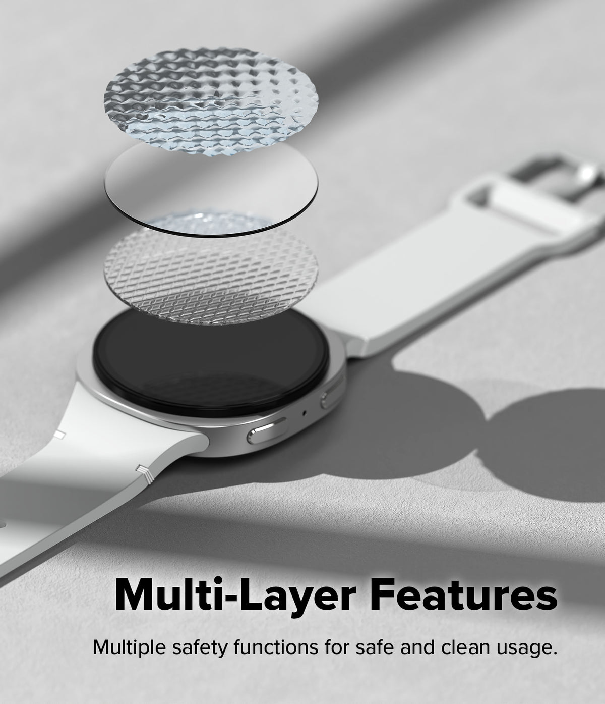 Galaxy Watch 9 / 8 40mm Screen Protector | Tempered Glass Pro - Exploded view of screen protector layers above a smartwatch.
