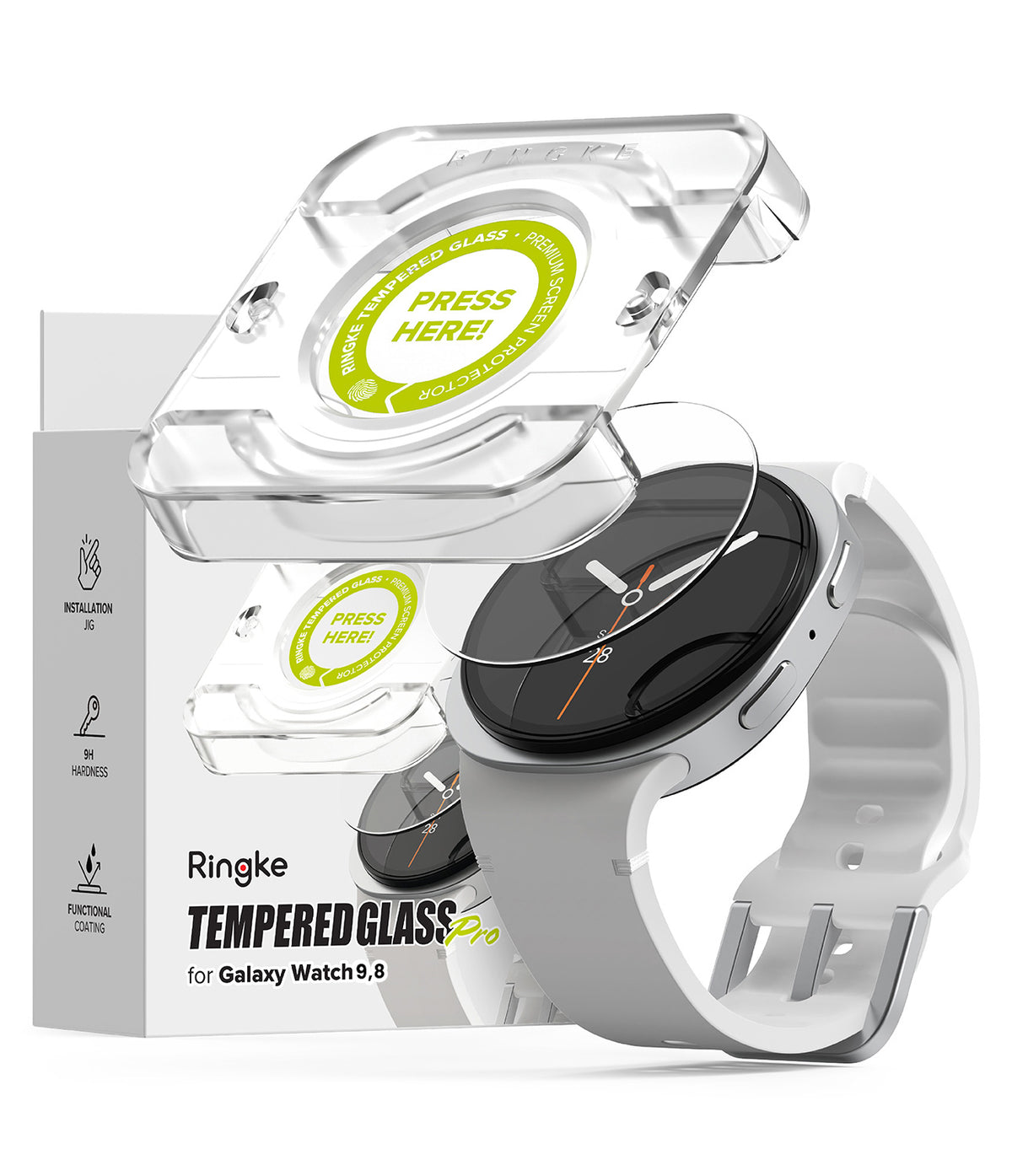 Galaxy Watch 9 / 8 40mm Screen Protector | Tempered Glass Pro - Smartwatch with a transparent case and packaging labeled 'Ringke TemperedGlass' on a white background