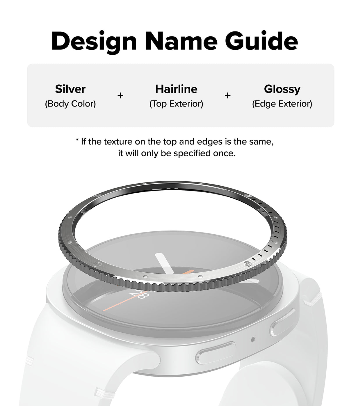 Galaxy Watch 9 / 8 44mm | Bezel Styling - Design name guide diagram showing a watch band accessory with a silver textured inner ring, a white outer band, and a glossy black edge, labeled as Silver + Hairline + Glossy.