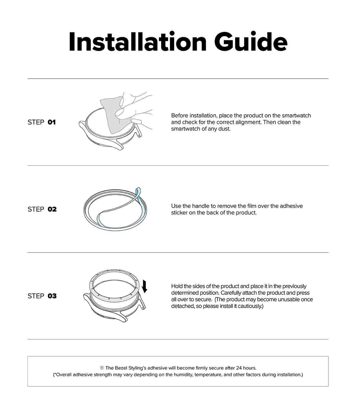 Galaxy Watch 9 / 8 44mm | Bezel Styling - An installation guide sheet with three illustrated steps showing how to apply an adhesive film to a smartwatch. The page has a white background, black title text reading 'Installation Guide,' and step-by-step diagrams with small text instructions.
