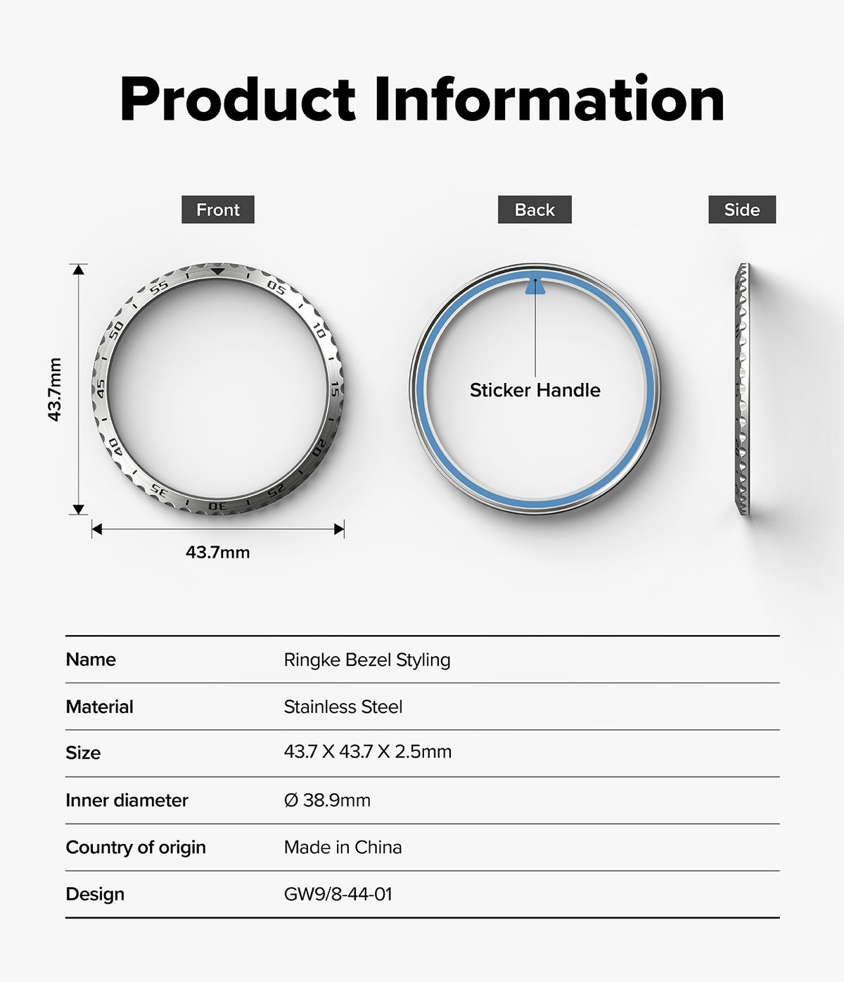 Galaxy Watch 9 / 8 44mm | Bezel Styling - Product information diagram for a stainless steel ring bezel styling tool, showing front, back, and side views with dimensions and a table of specifications on a light gray background.