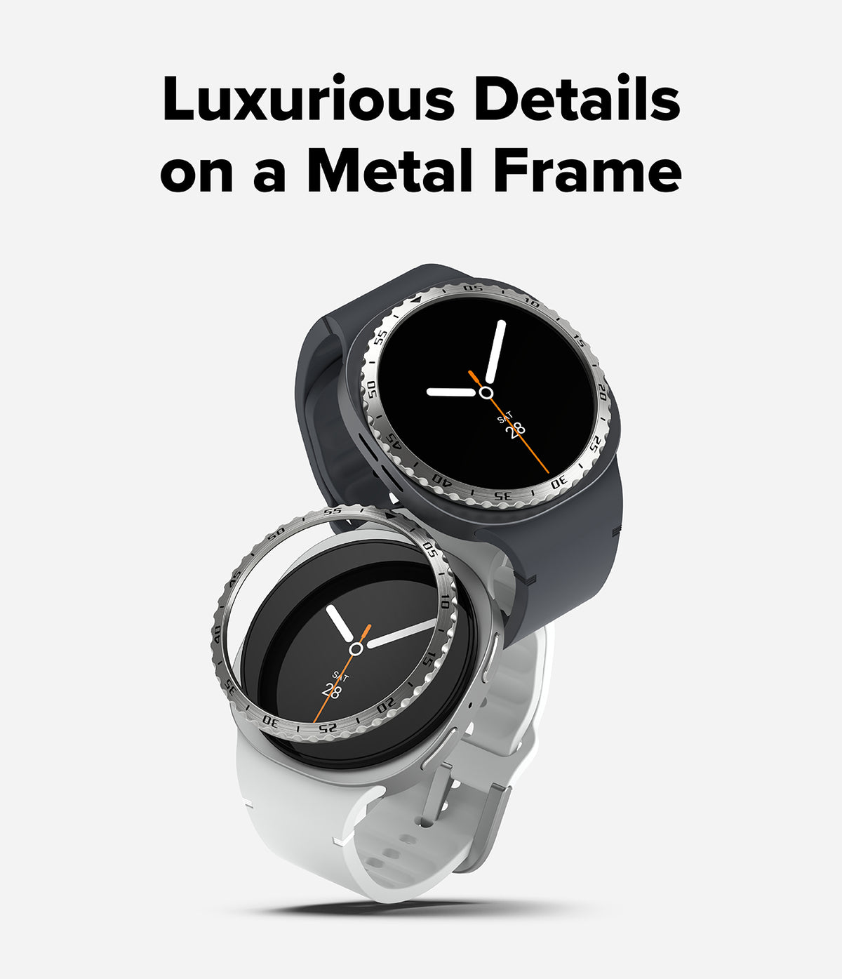 Galaxy Watch 9 / 8 44mm | Bezel Styling - Two smartwatches with round black faces and metallic bezels, one in dark gray and one in light gray, shown on a light gray background with the text 'Luxurious Details on a Metal Frame' at the top.
