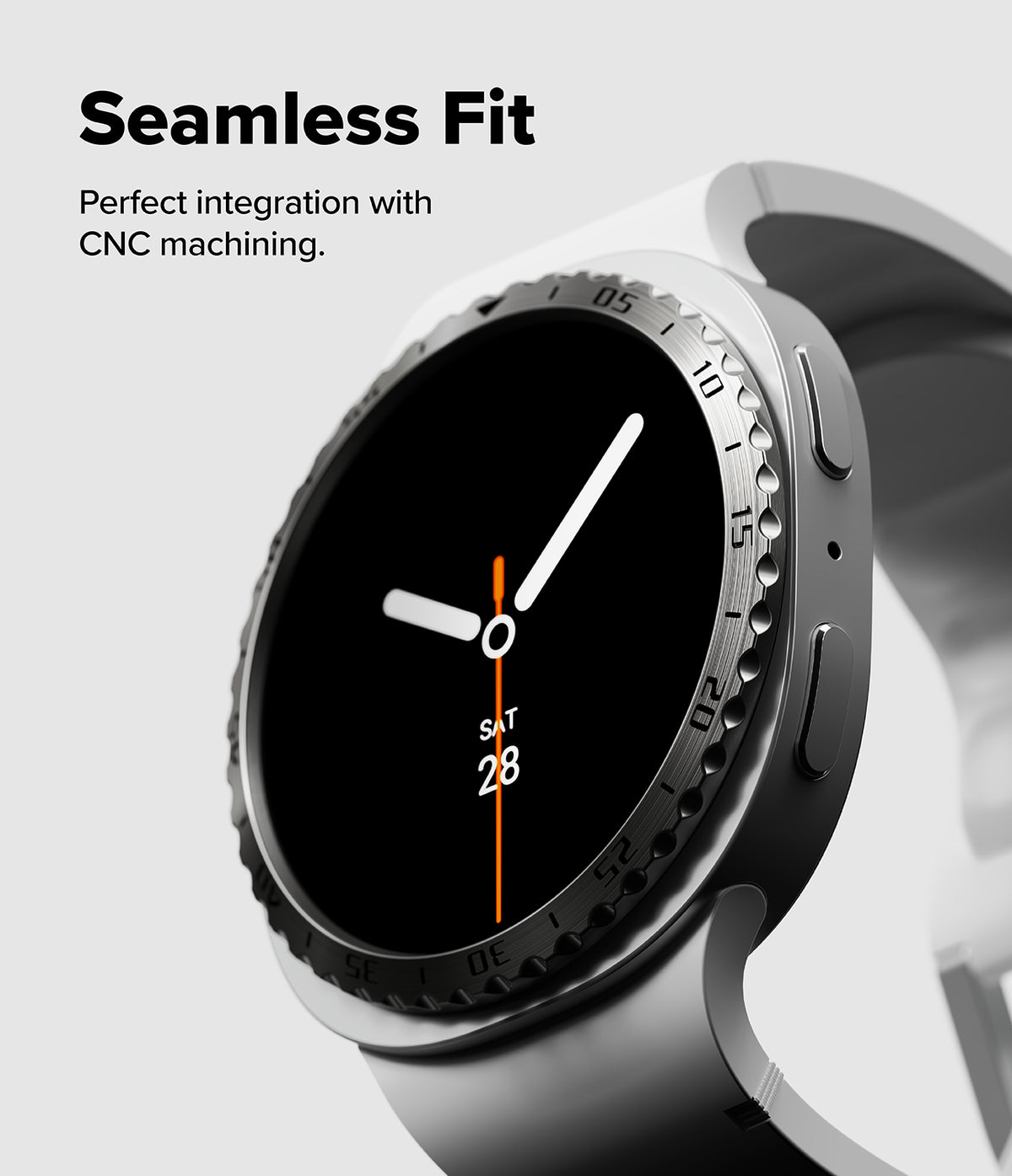 Galaxy Watch 9 / 8 44mm | Bezel Styling - A close-up of a smartwatch with a black analog-style face, silver bezel markings, and a light gray band. Text at the top reads 'Seamless Fit' and 'Perfect integration with CNC machining.