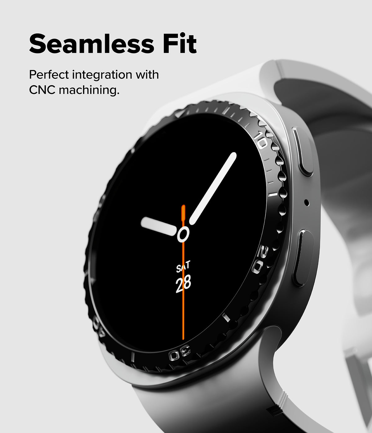 Galaxy Watch 9 / 8 44mm | Bezel Styling - A close-up of a smartwatch with a black analog-style face, silver bezel markings, and a light gray band. Text on the left reads 'Seamless Fit' and 'Perfect integration with CNC machining.
