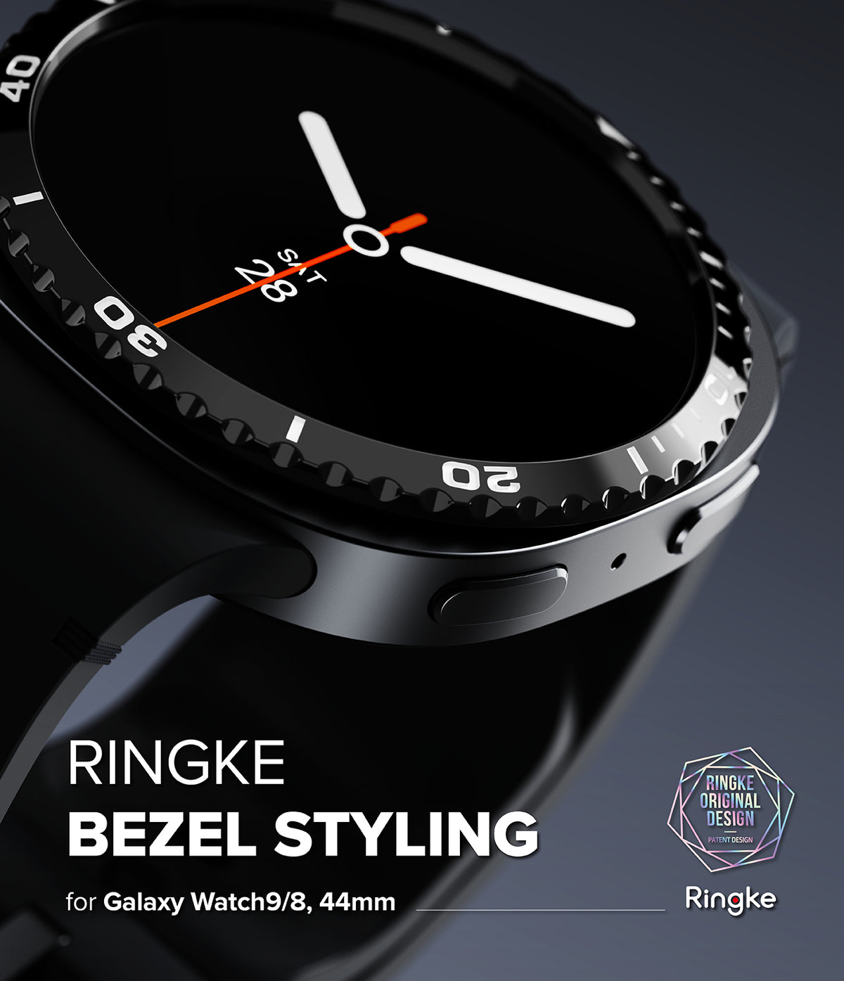 Galaxy Watch 9 / 8 44mm | Bezel Styling - Close-up promotional render of a black smartwatch with a textured bezel and dark band, featuring watch face text and branding for Ringke Bezel Styling.