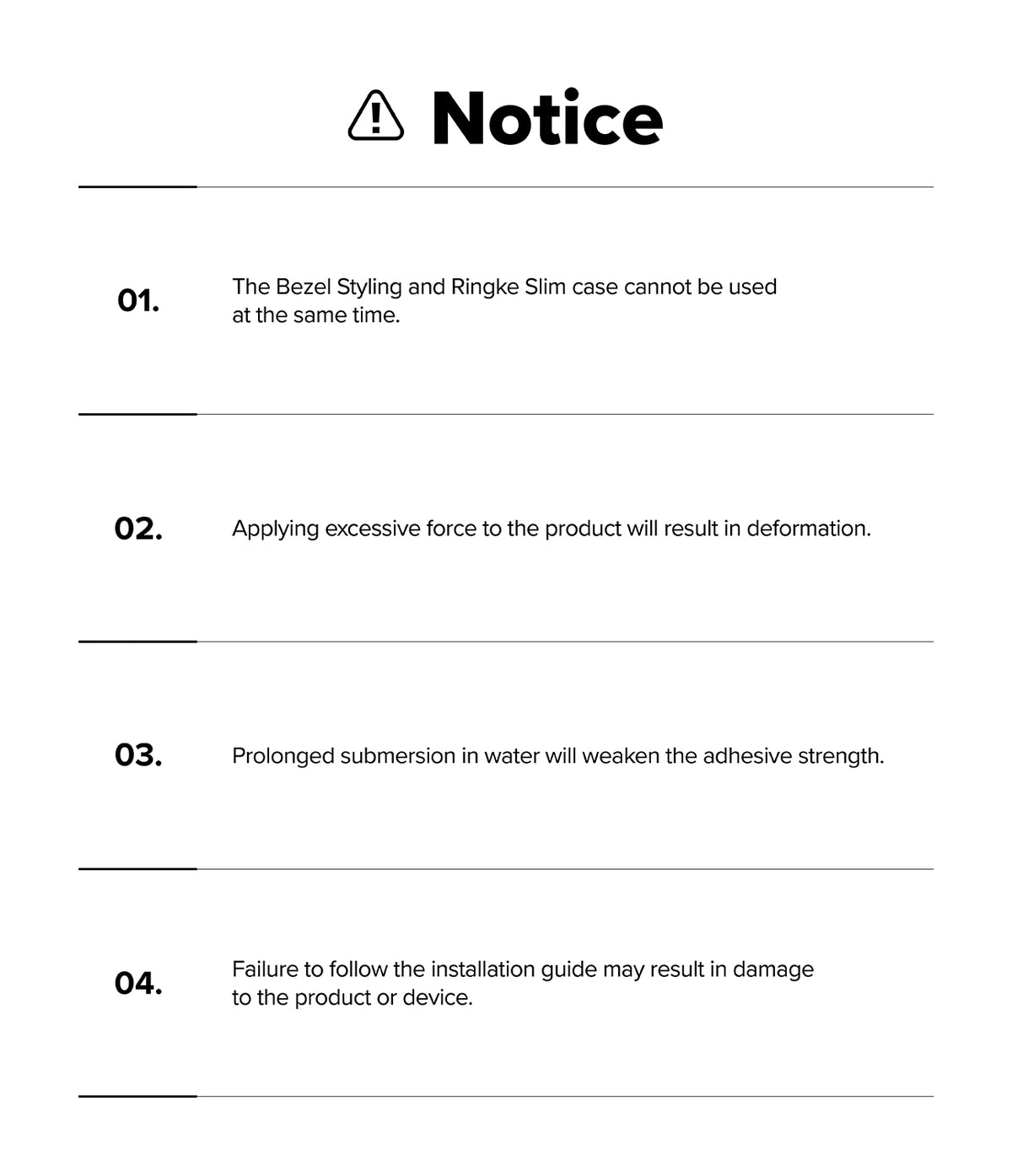 Galaxy Watch 9 / 8 44mm | Bezel Styling Premium - A black and white notice sheet with a warning icon and four numbered instructions detailing compatibility, application force, water exposure, and installation guidelines.