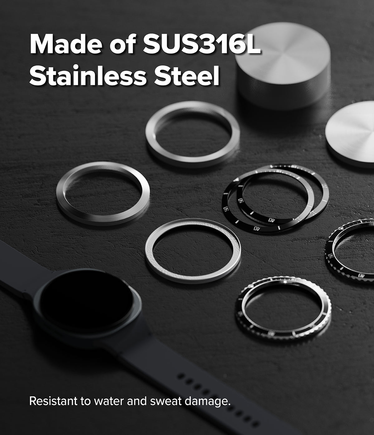 Galaxy Watch 9 / 8 44mm | Bezel Styling Premium - Several silver stainless steel watch band rings and a black smartwatch strap are arranged on a dark textured surface, with text reading 'Made of SUS316L Stainless Steel' and 'Resistant to water and sweat damage.'.