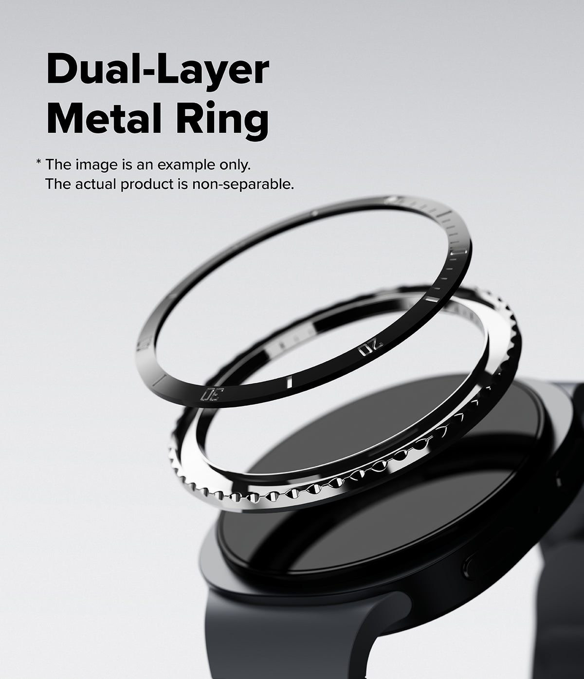 Galaxy Watch 9 / 8 44mm | Bezel Styling Premium - Black dual-layer metal ring accessory shown floating above a smartwatch, with text reading 'Dual-Layer Metal Ring' on a light gray background.