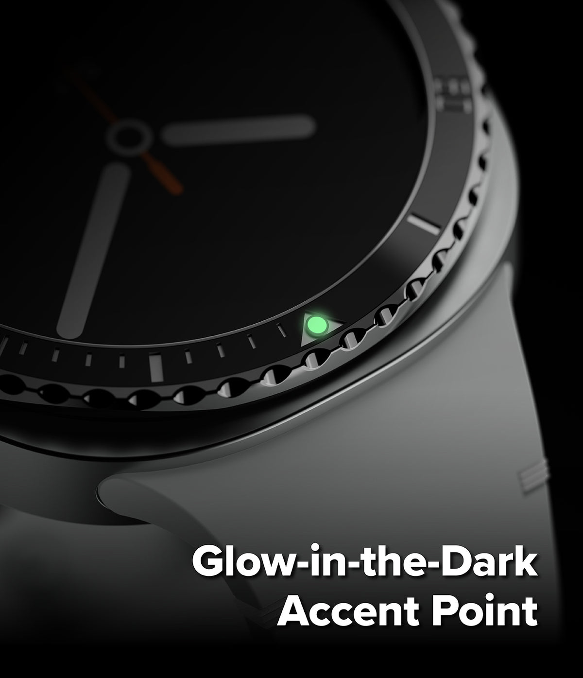Galaxy Watch 9 / 8 44mm | Bezel Styling Premium - Close-up of a smartwatch with a dark display and bezel, featuring a glowing green accent point near the lower bezel. White text at the bottom reads 'Glow-in-the-Dark Accent Point' on a black background.