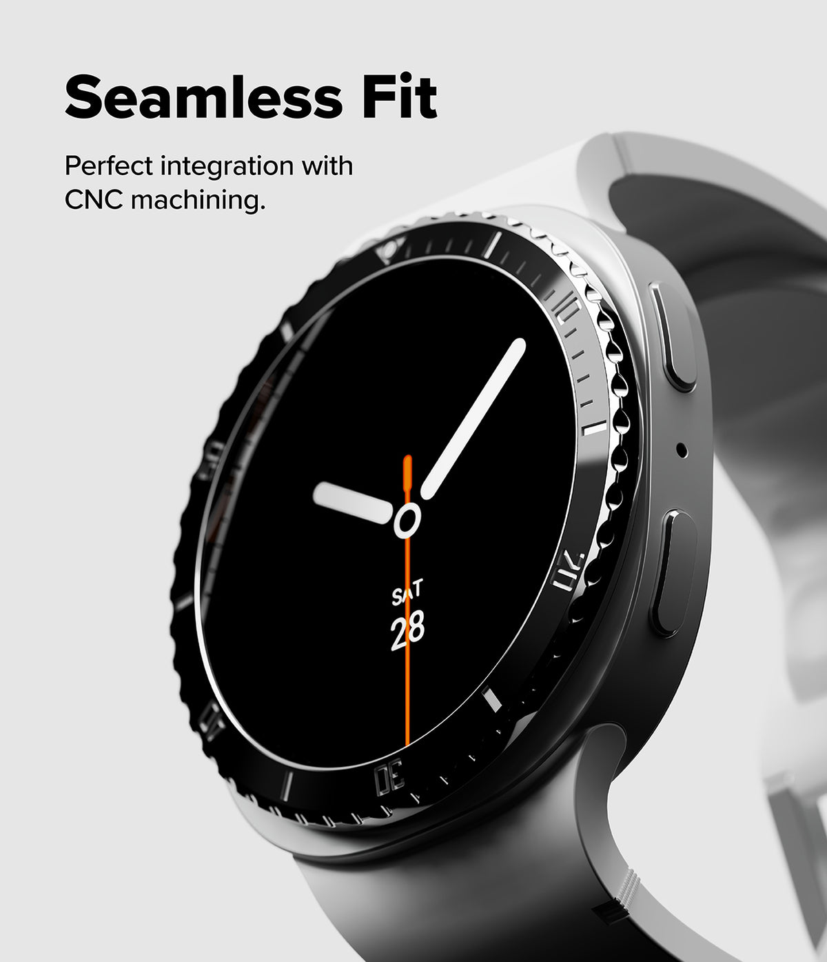 Galaxy Watch 9 / 8 44mm | Bezel Styling Premium - A close-up of a smartwatch with a black round face, silver bezel details, and a dark gray band, shown on a light gray background with the text 'Seamless Fit' and 'Perfect integration with CNC machining.'.