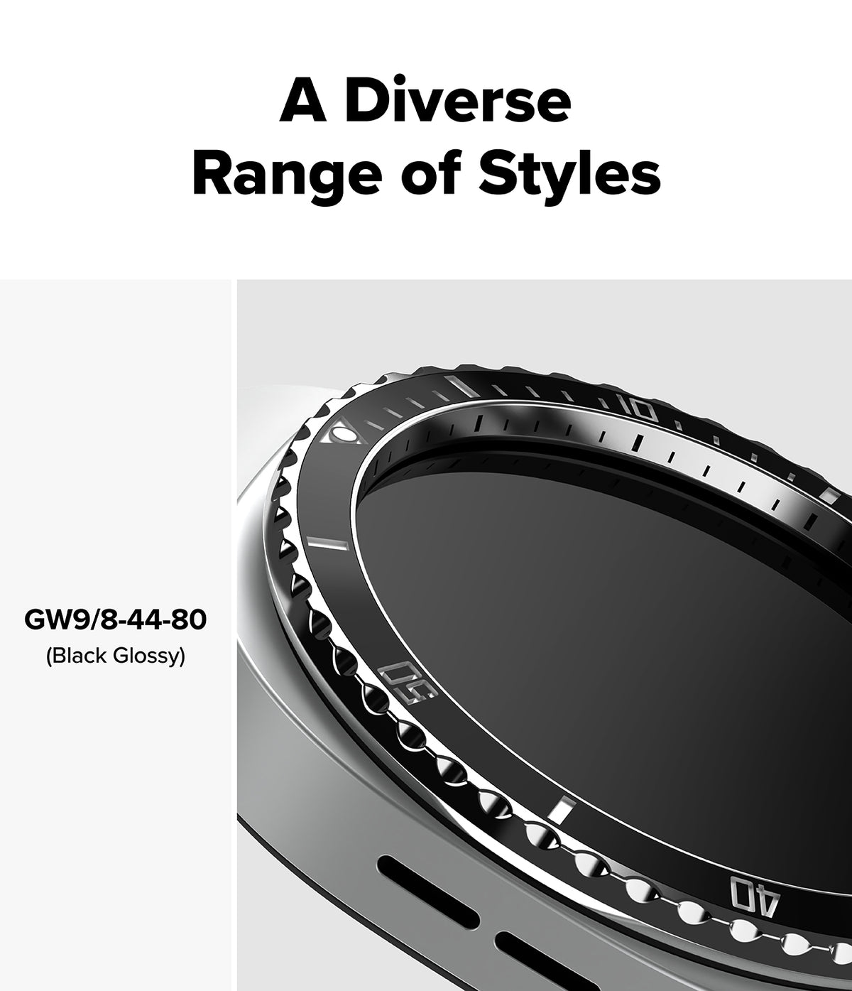 Galaxy Watch 9 / 8 44mm | Bezel Styling Premium - Close-up of a smartwatch bezel with a black glossy finish and textured outer ring, under the heading 'A Diverse Range of Styles' with model text 'GW9/8-44-80 (Black Glossy)'.