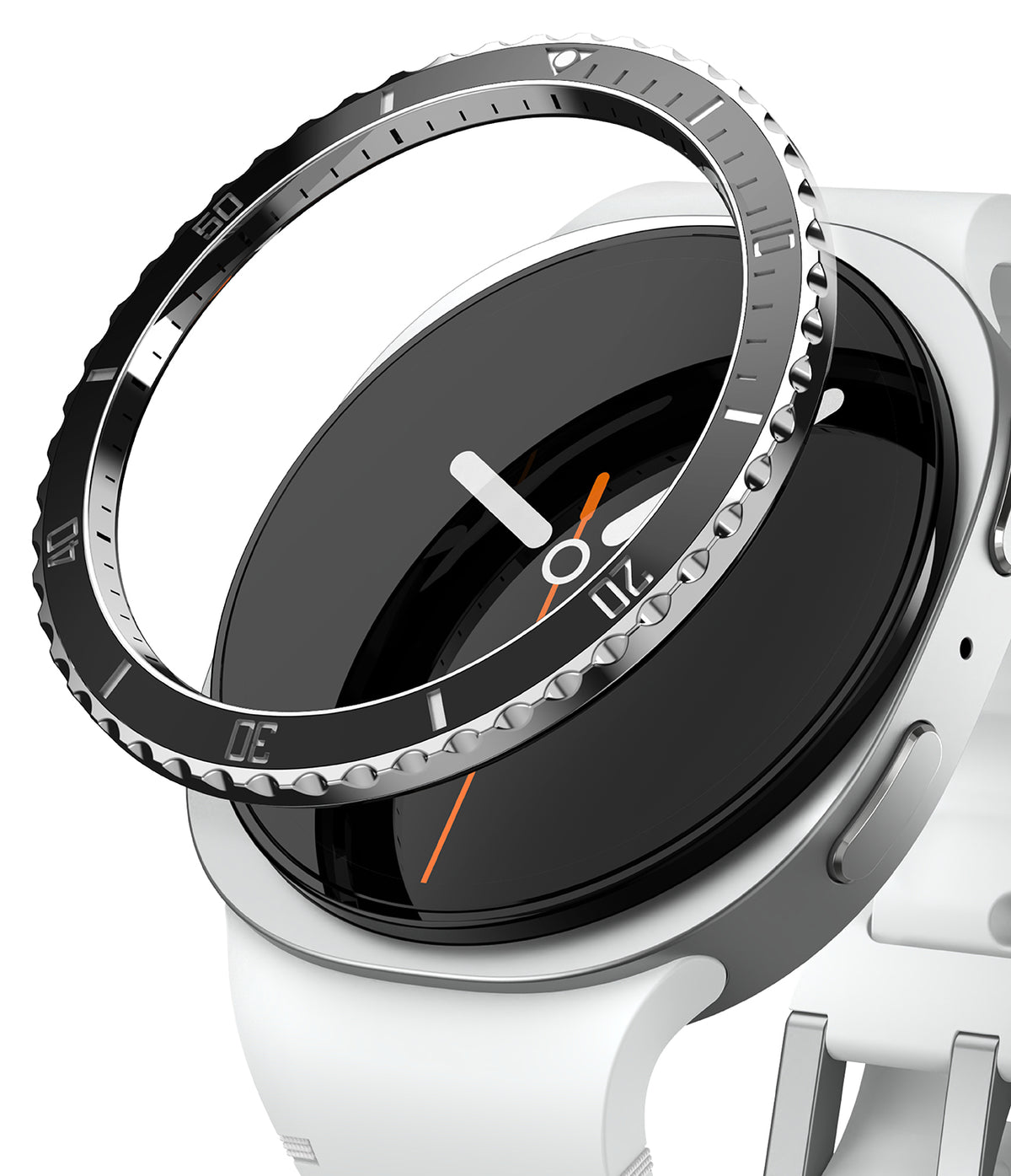 Galaxy Watch 9 / 8 44mm | Bezel Styling Premium - A close-up of a smartwatch with a white silicone strap and a silver-toned bezel, shown against a clean white background.
