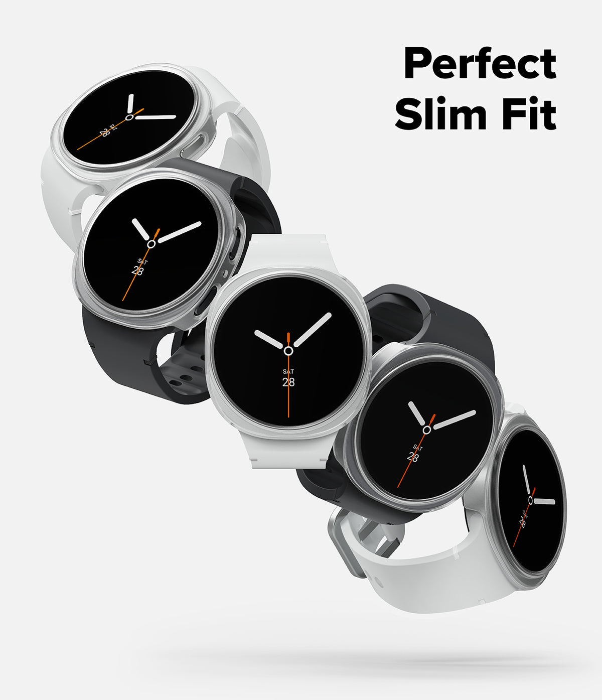 Galaxy Watch 9 / 8 44mm Case | Slim - Five slim-fit smartwatches arranged diagonally on a light gray background, with black watch faces and white or dark gray bands. The text 'Perfect Slim Fit' appears in the top right.