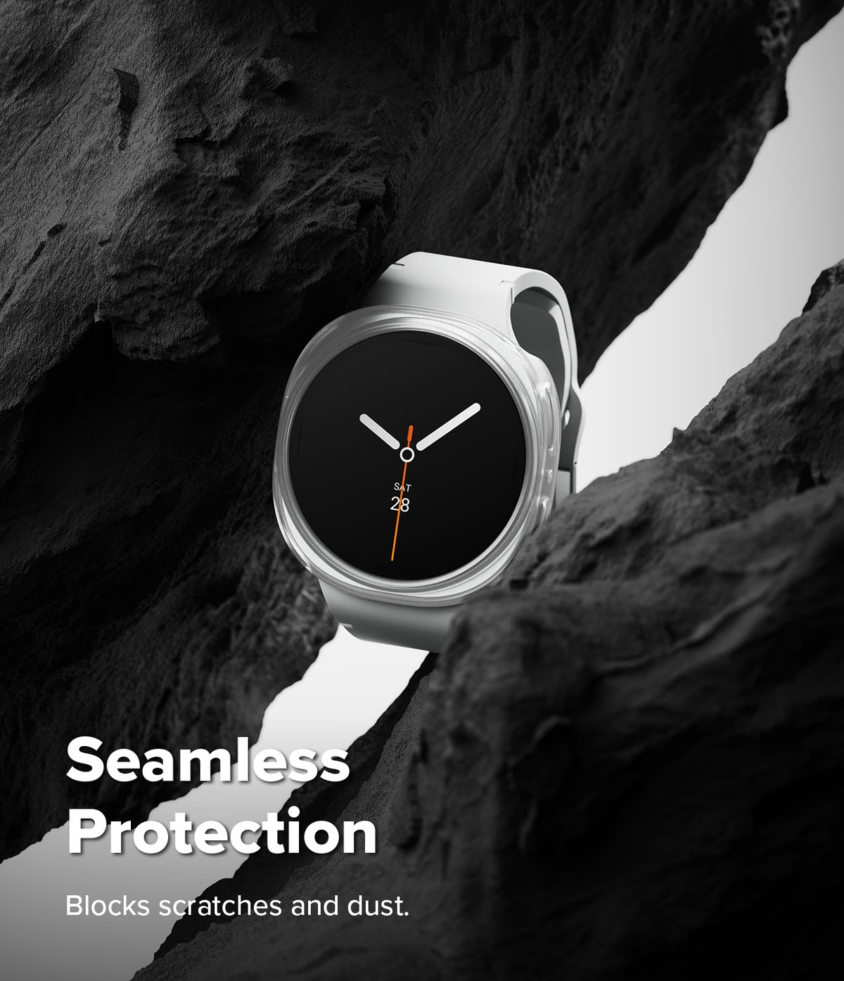 Galaxy Watch 9 / 8 44mm Case | Slim - A white smartwatch with a black round face is shown nestled between dark rock formations. White text at the bottom reads 'Seamless Protection' and 'Blocks scratches and dust.